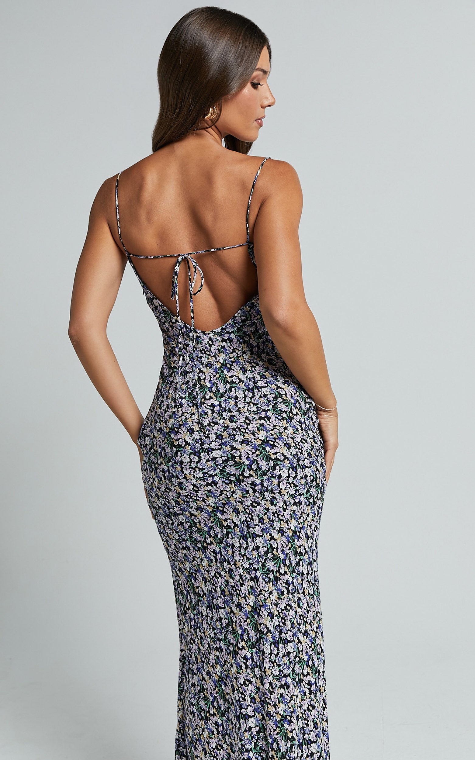 Tahlia Midi Dress - Cowl Neck Tie Back Dress in Black Floral