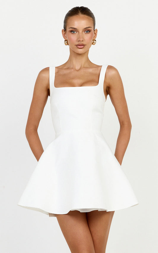Talia Mini Dress - Scoop Neck Fit And Flare Dres in White