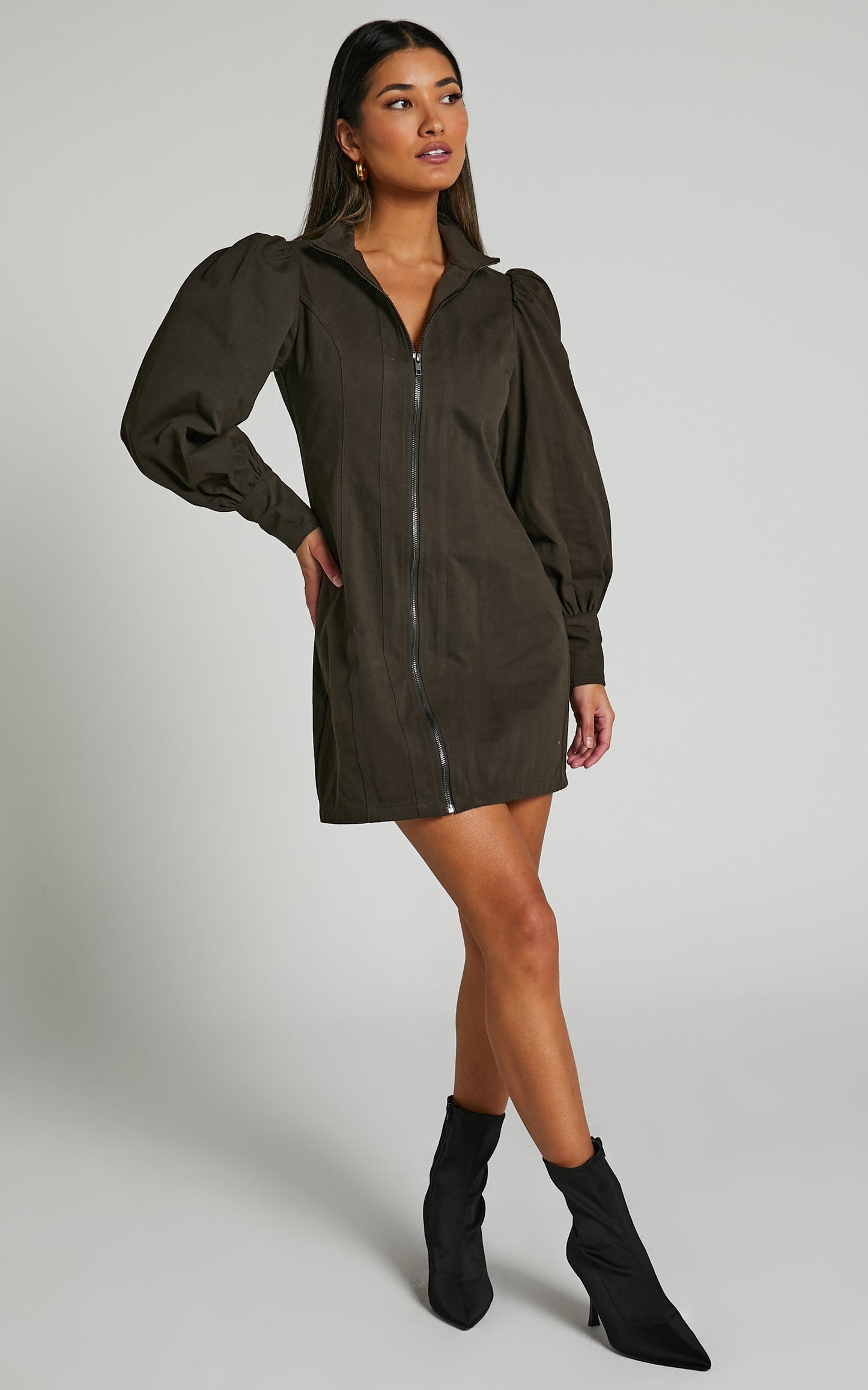 Tallis Mini Dress - Sleeve Zip Front Dress in Dark Charcoal