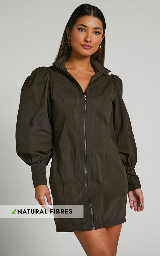 Tallis Mini Dress - Sleeve Zip Front Dress in Dark Charcoal