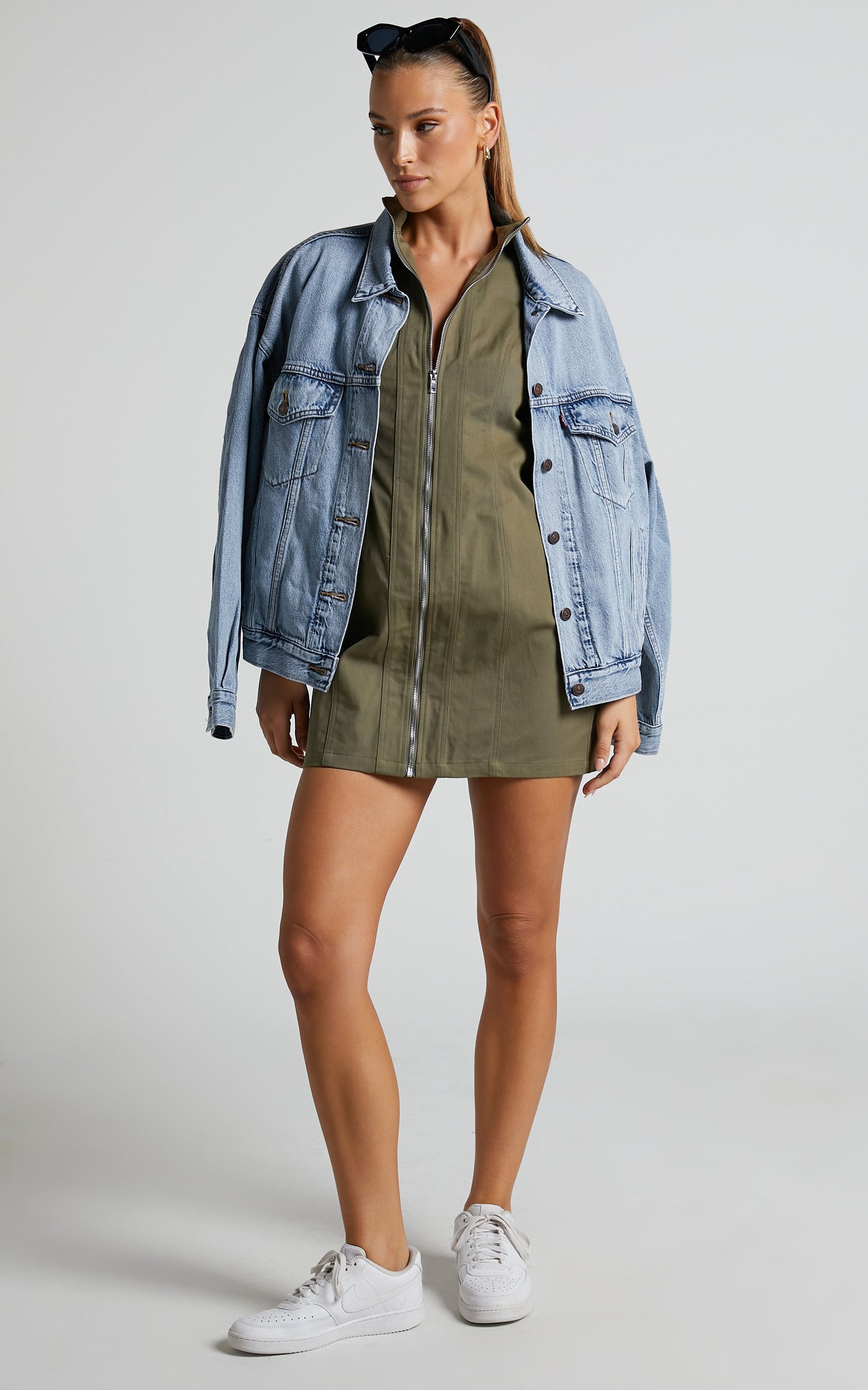 Tallis Mini Dress - Sleeve Zip Front Dress in Khaki