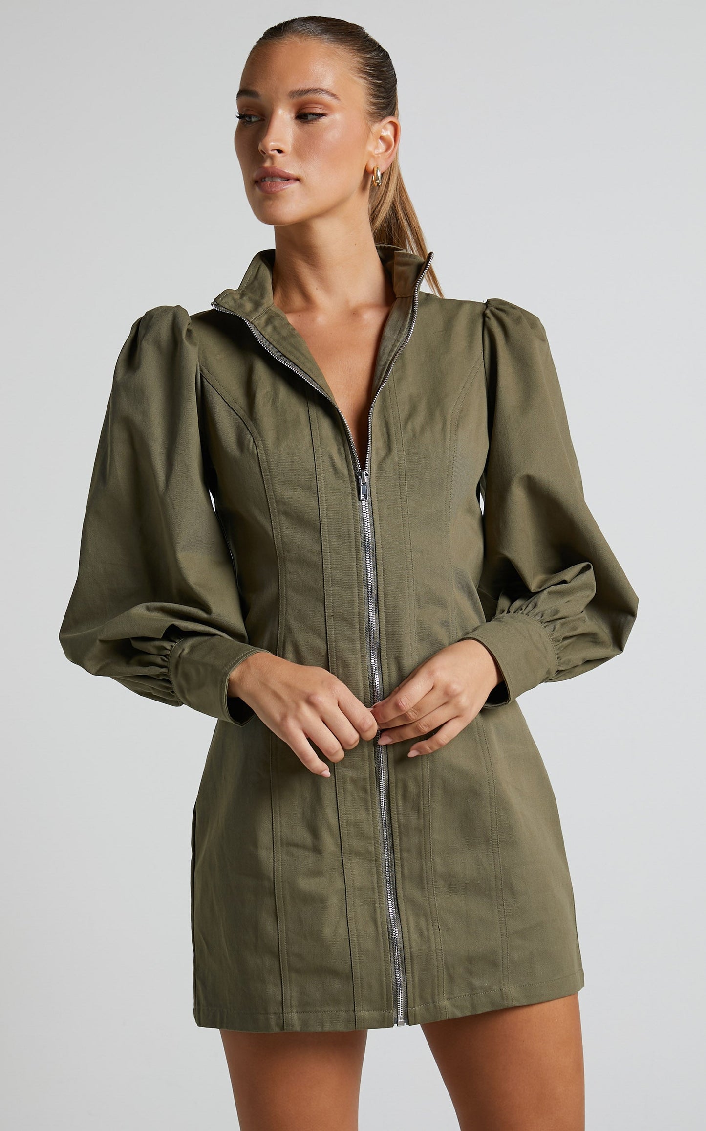 Tallis Mini Dress - Sleeve Zip Front Dress in Khaki