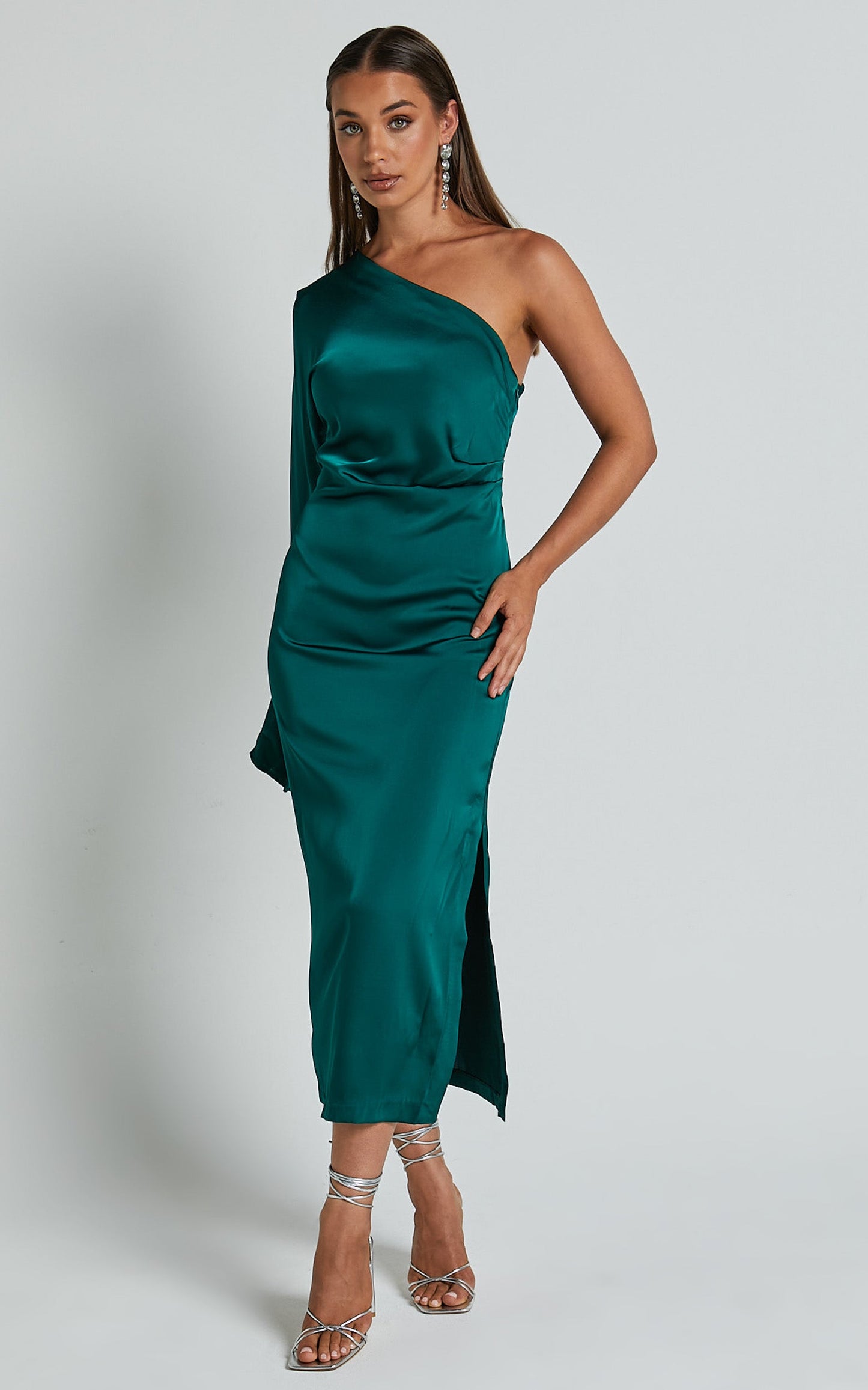 Tammy Midi Dress - One Sleeve Satin Dress in Emerald Green