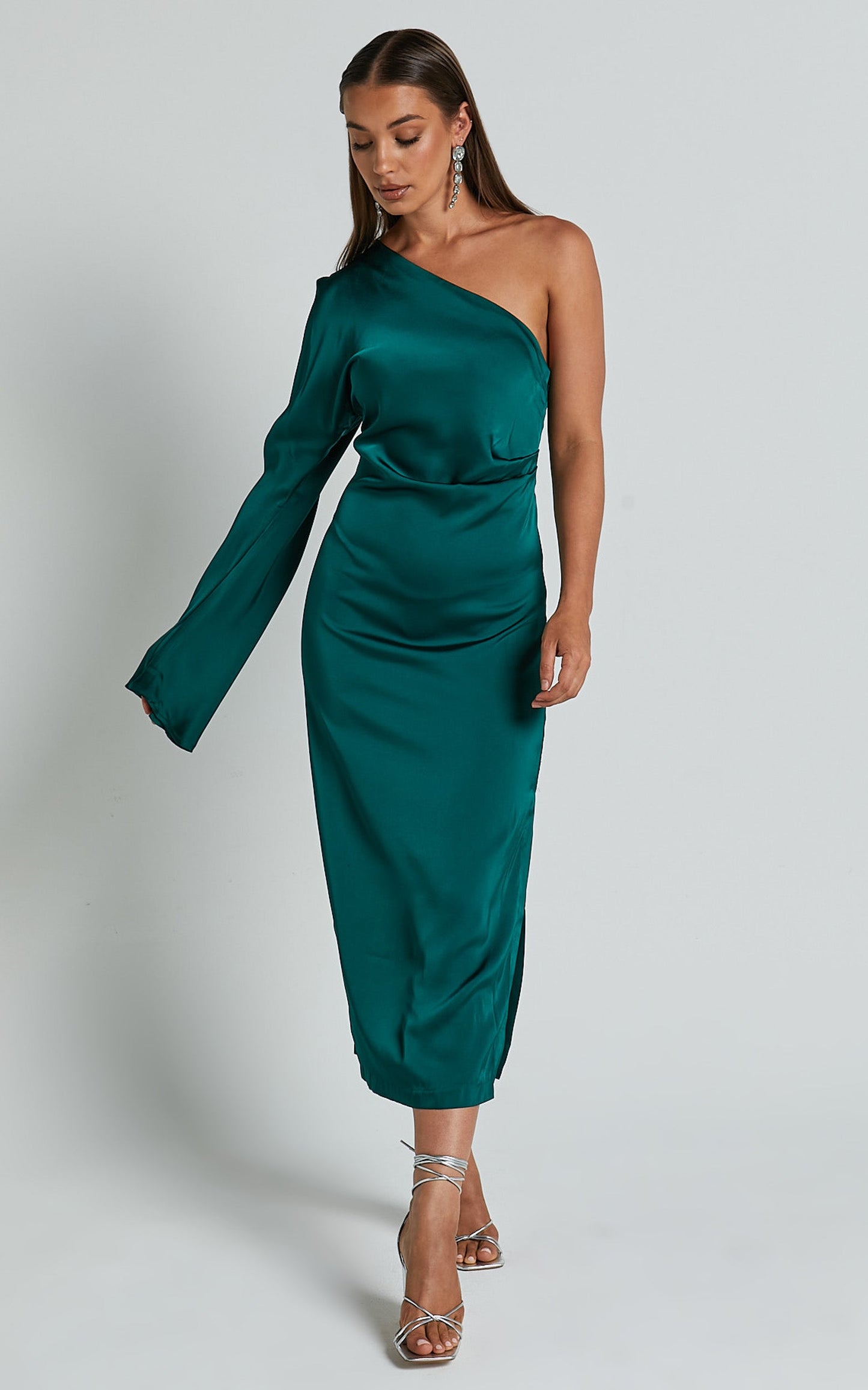 Tammy Midi Dress - One Sleeve Satin Dress in Emerald Green