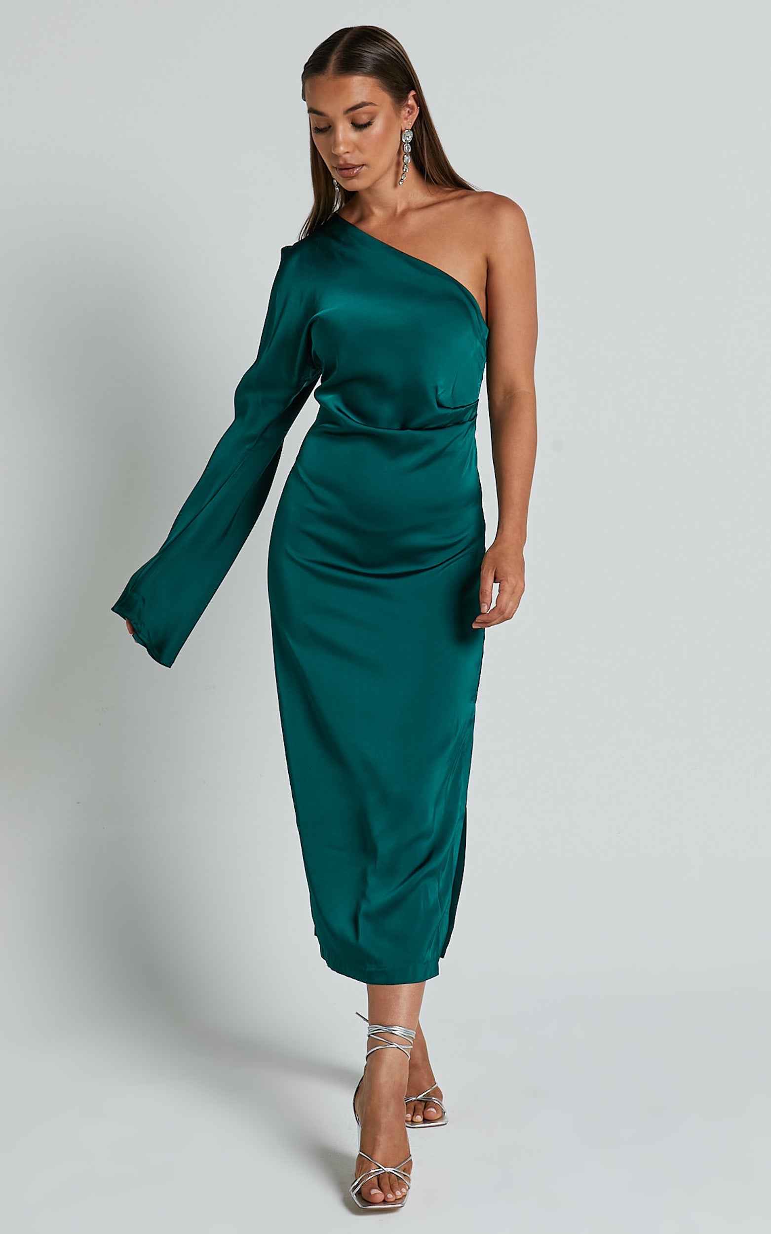 Tammy Midi Dress - One Sleeve Satin Dress in Emerald Green