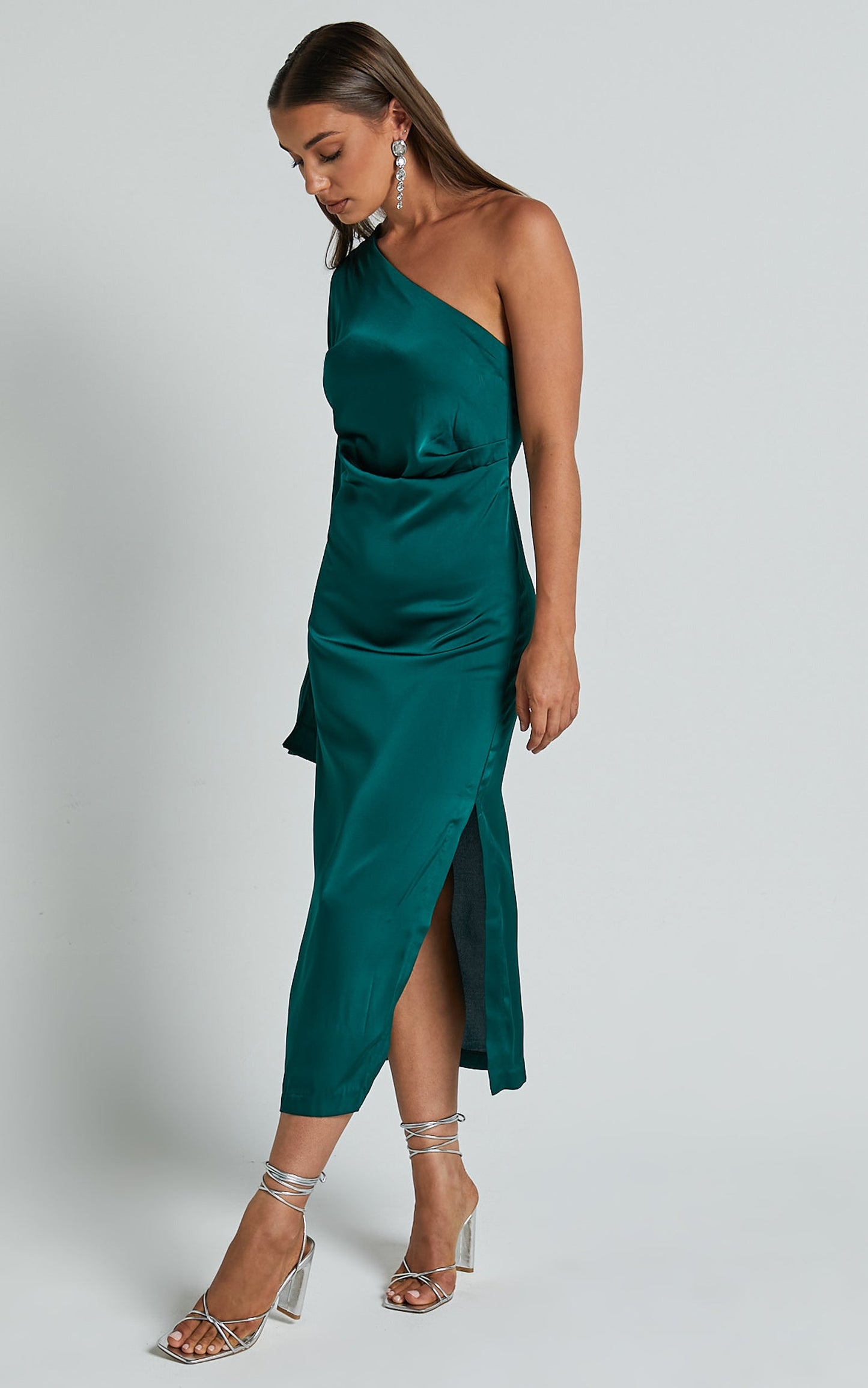 Tammy Midi Dress - One Sleeve Satin Dress in Emerald Green