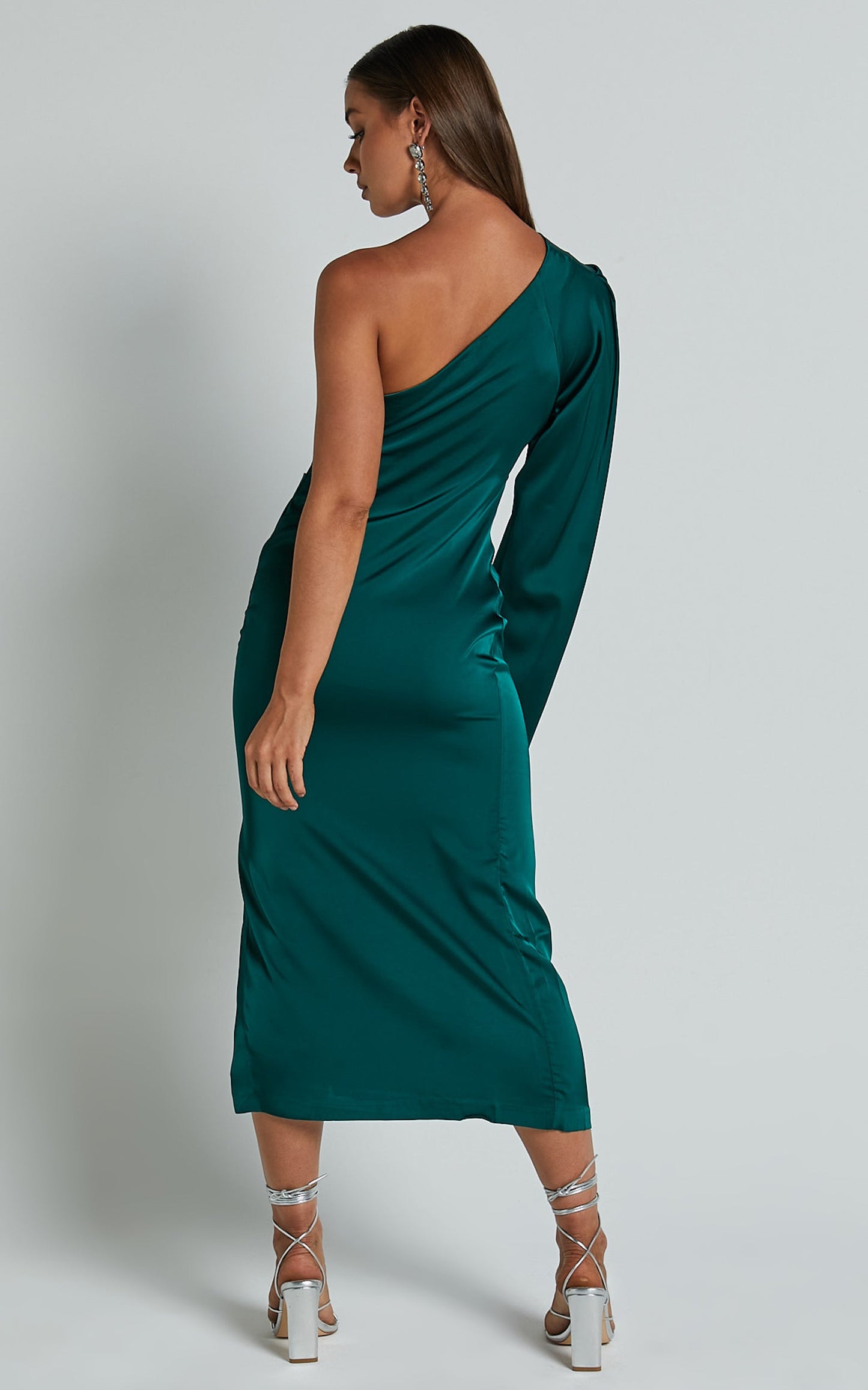 Tammy Midi Dress - One Sleeve Satin Dress in Emerald Green