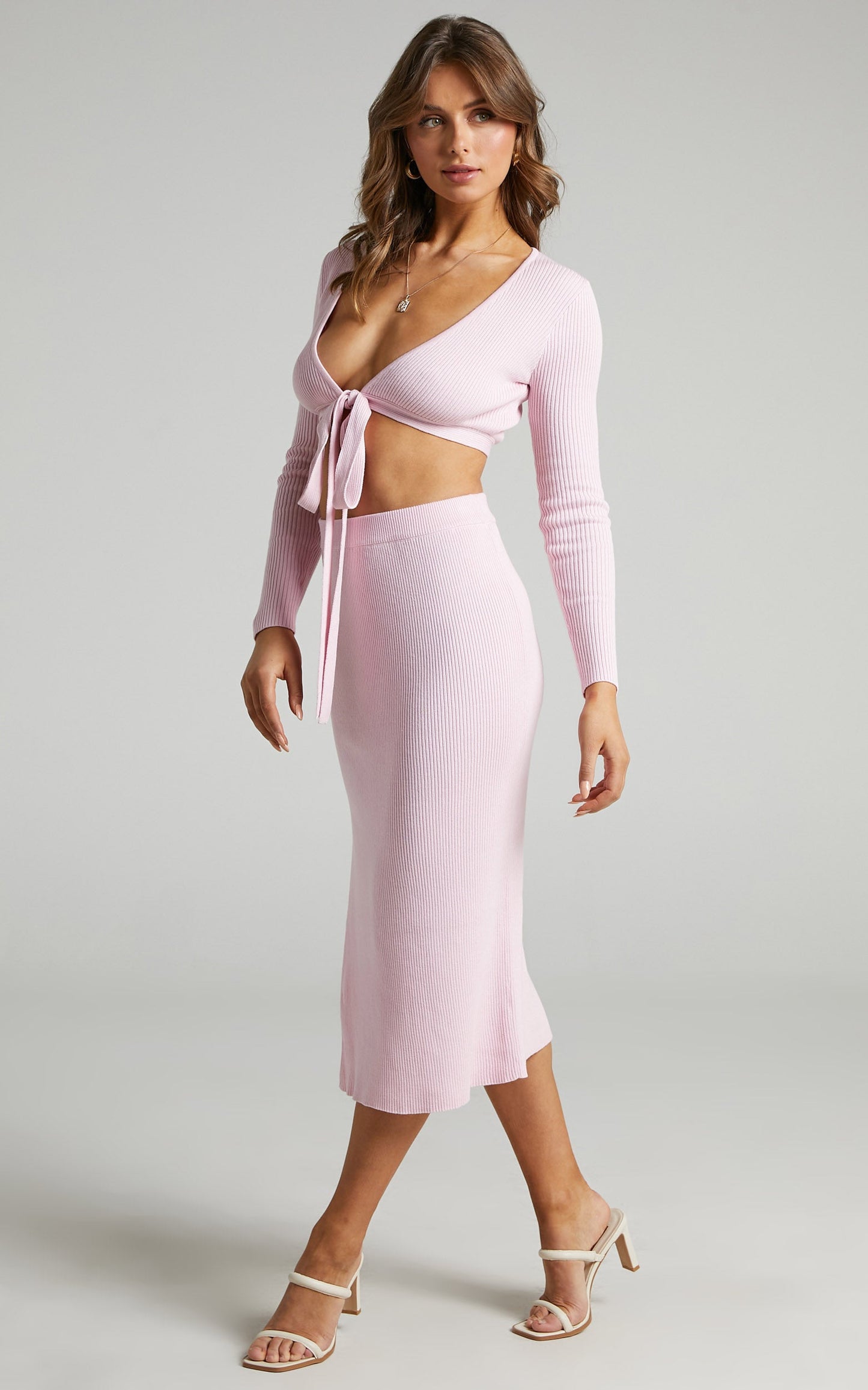 Tana Two Piece Knit Set with Knot Front in Ice Pink