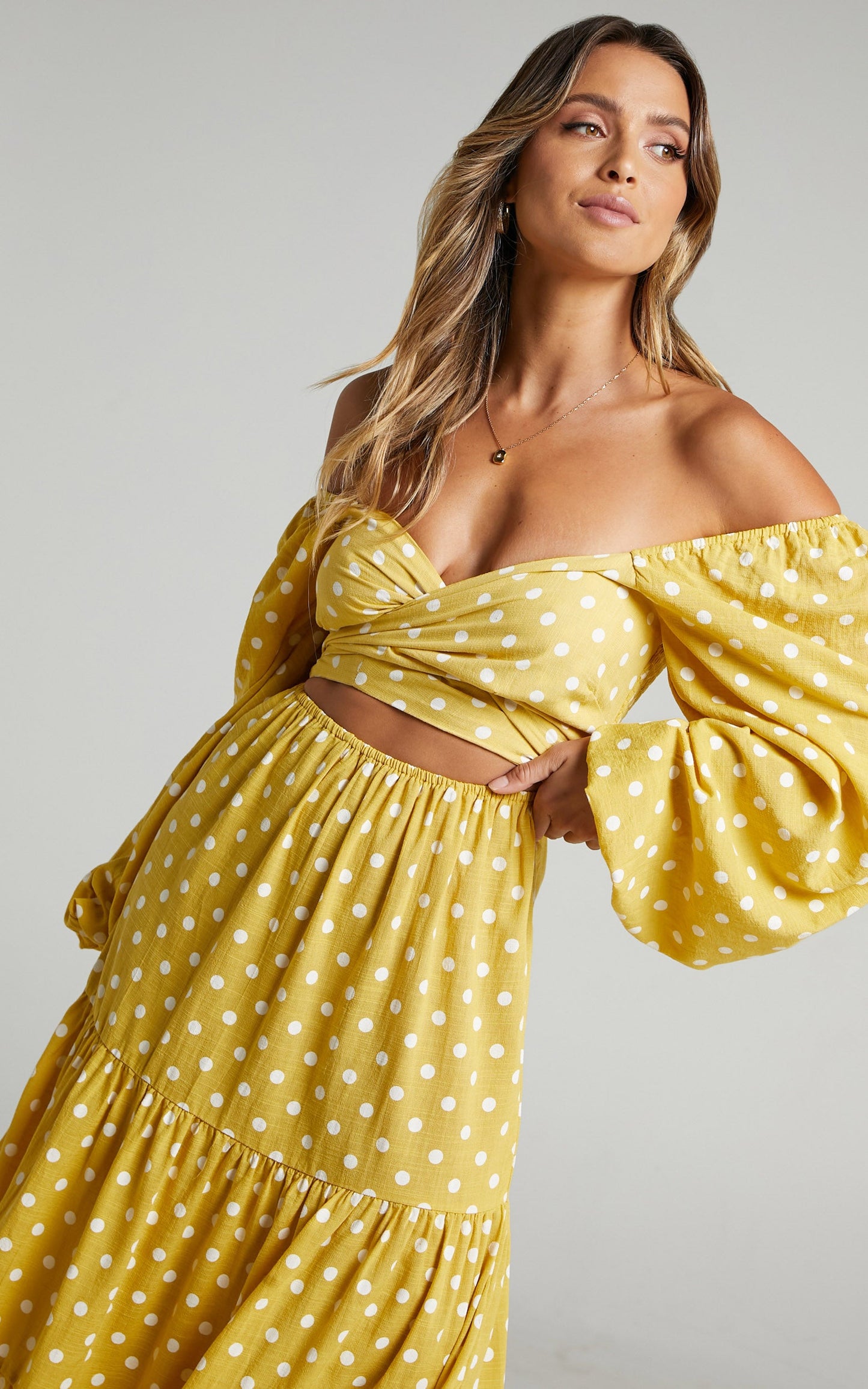 Tansy Midi Linen Blend Dress - Balloon Sleeve Tiered Dress in Yellow