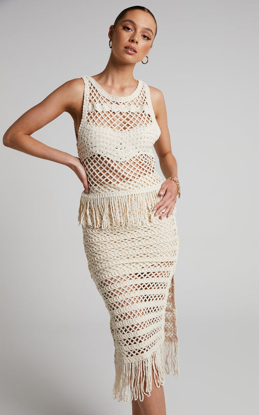 Tara Two Piece Set - Crochet Fringe Top And Midi Skirt in Beige