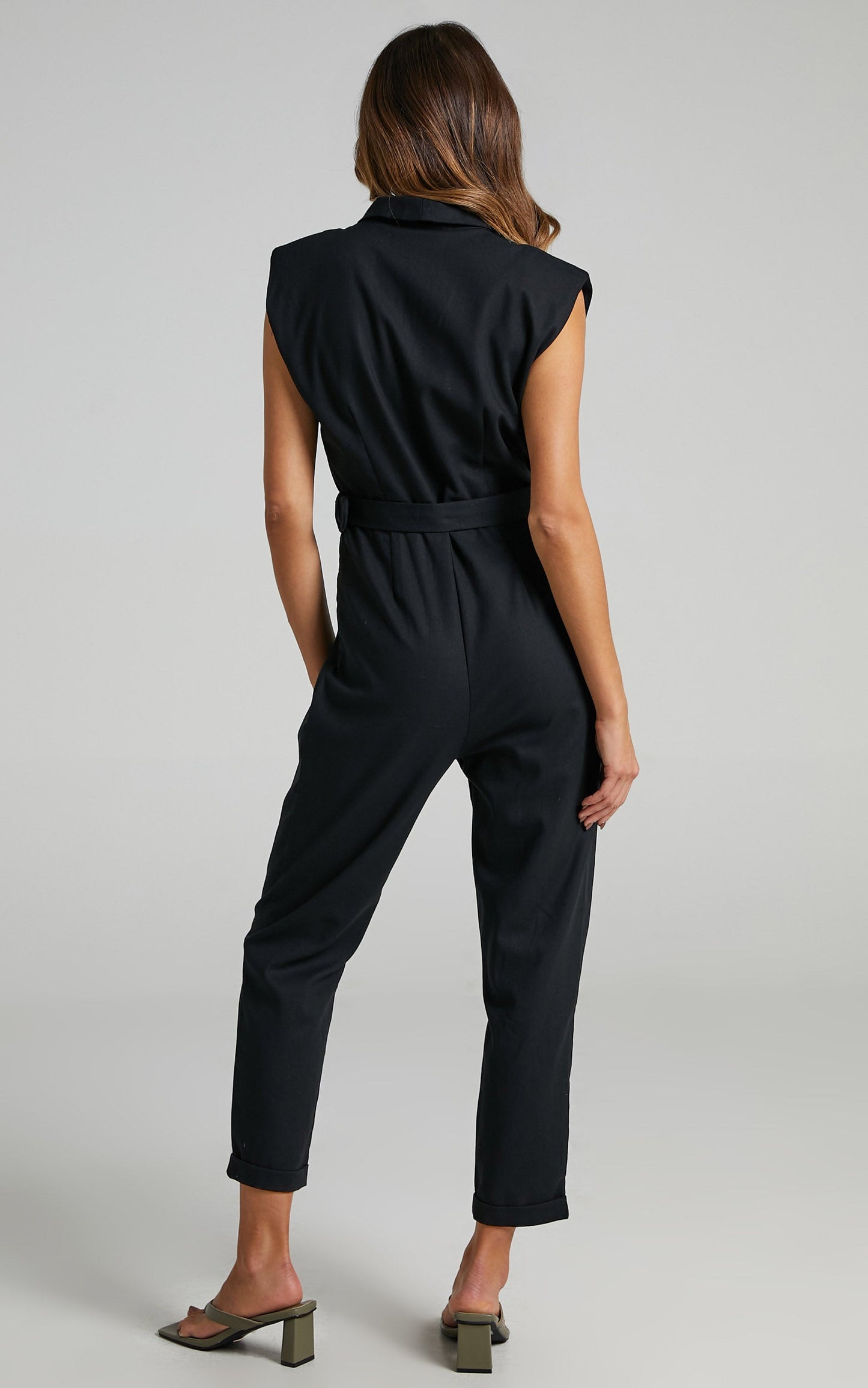 Tarah Jumpsuit - Linen Look Collared Self Belt Jumpsuit in Black