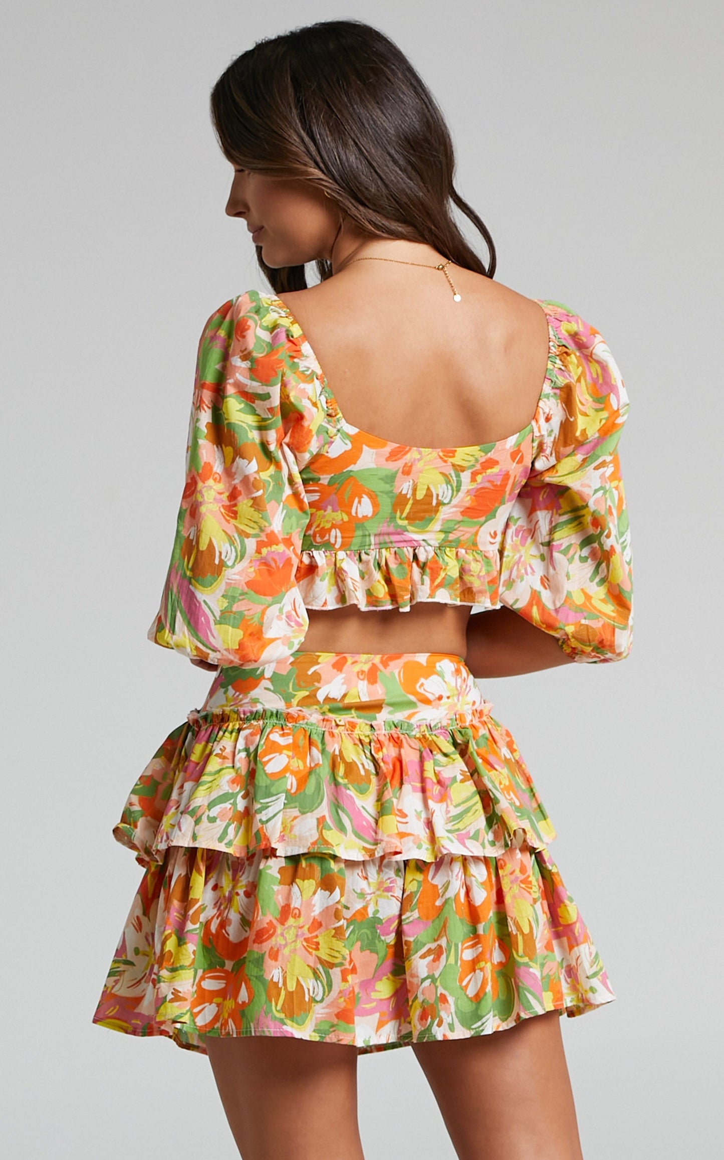 Taurina Tie Front Crop Top and Frill Tiered Mini Skirt Two Piece Set in Candid Floral