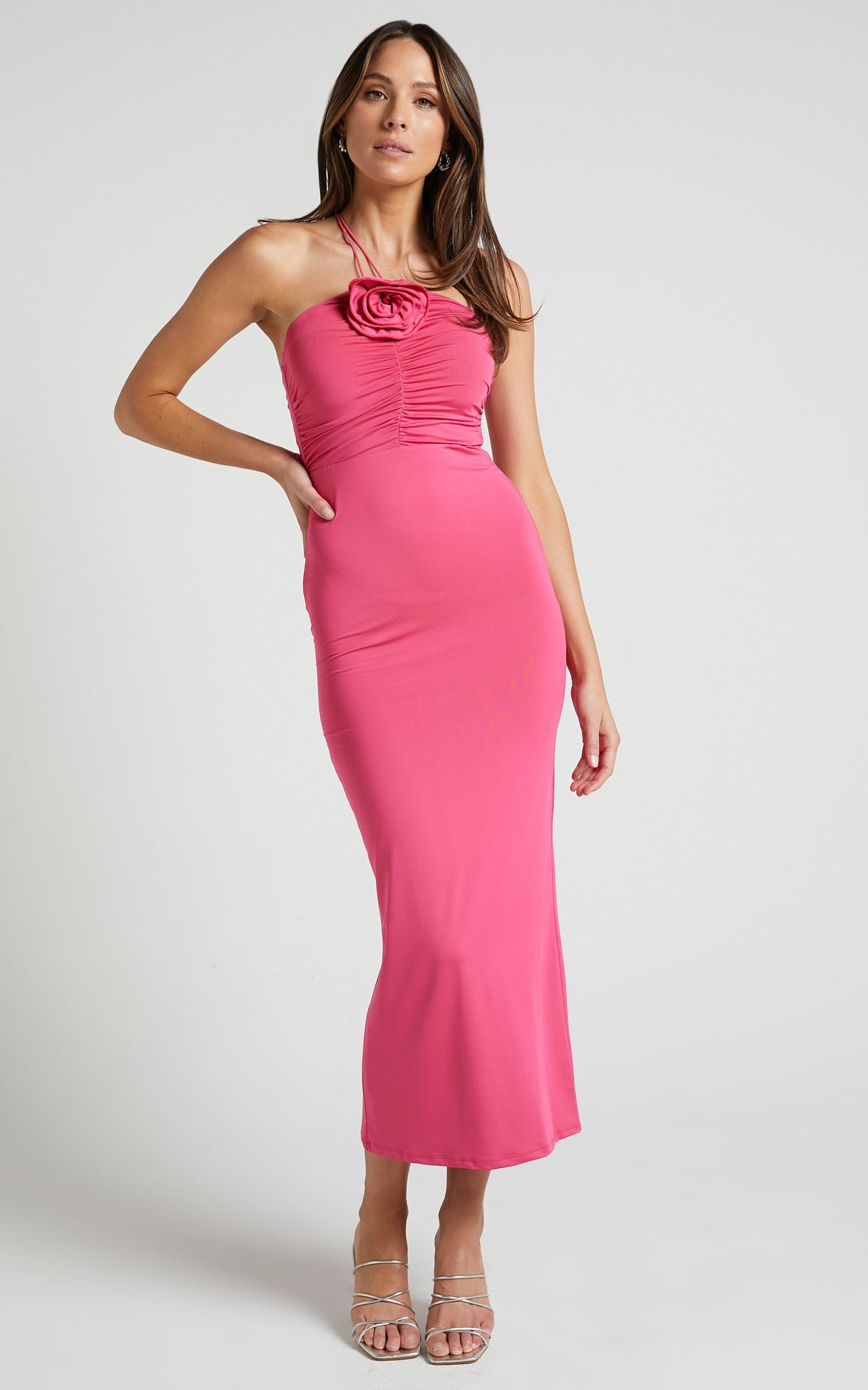 Teagan Midi Dress - Bodycon Ruched Asymmetric Strap Rosette Dress in Mulberry