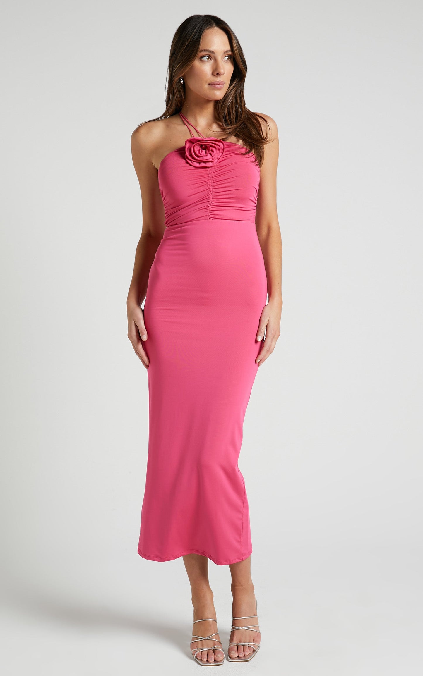 Teagan Midi Dress - Bodycon Ruched Asymmetric Strap Rosette Dress in Mulberry