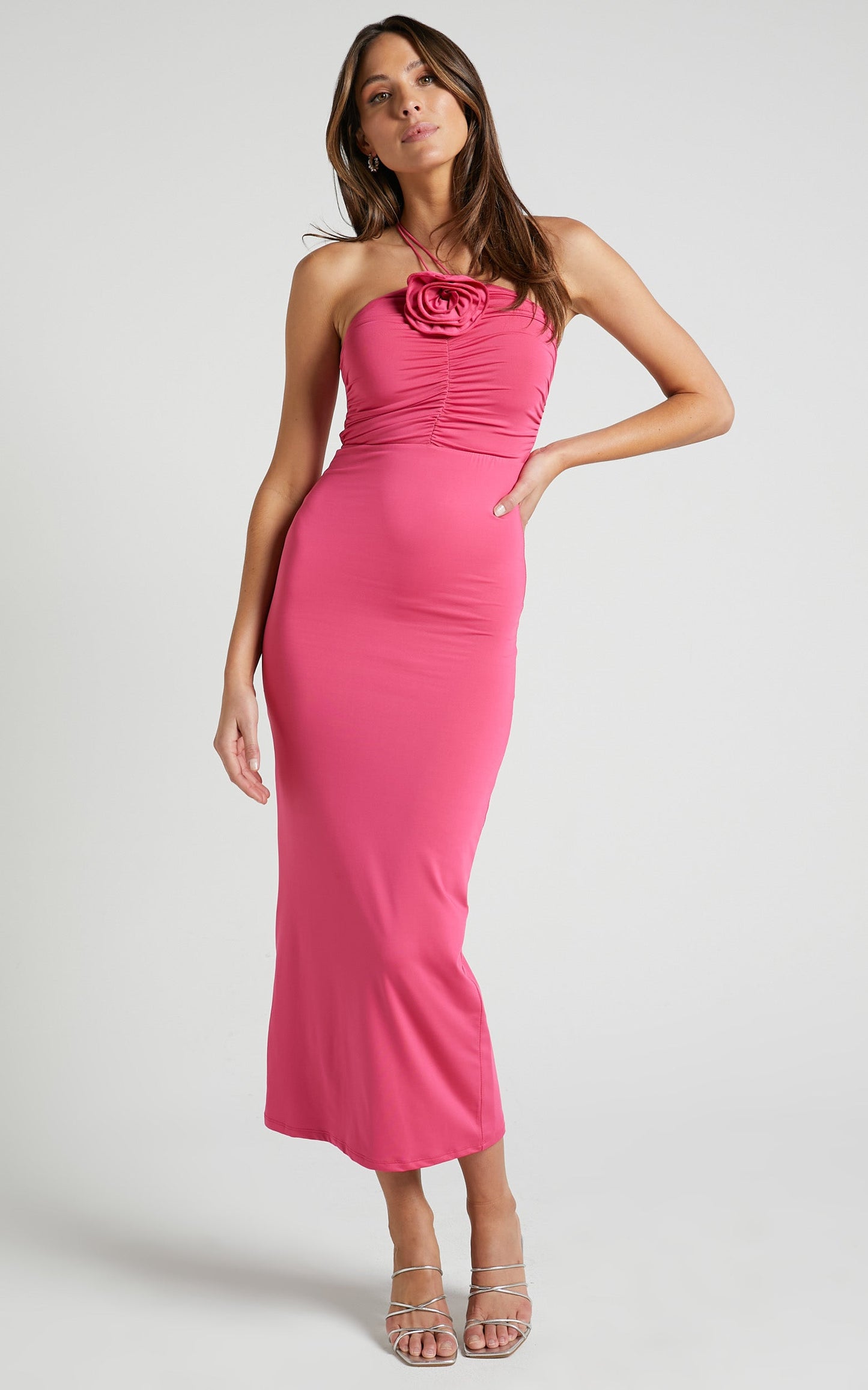 Teagan Midi Dress - Bodycon Ruched Asymmetric Strap Rosette Dress in Mulberry