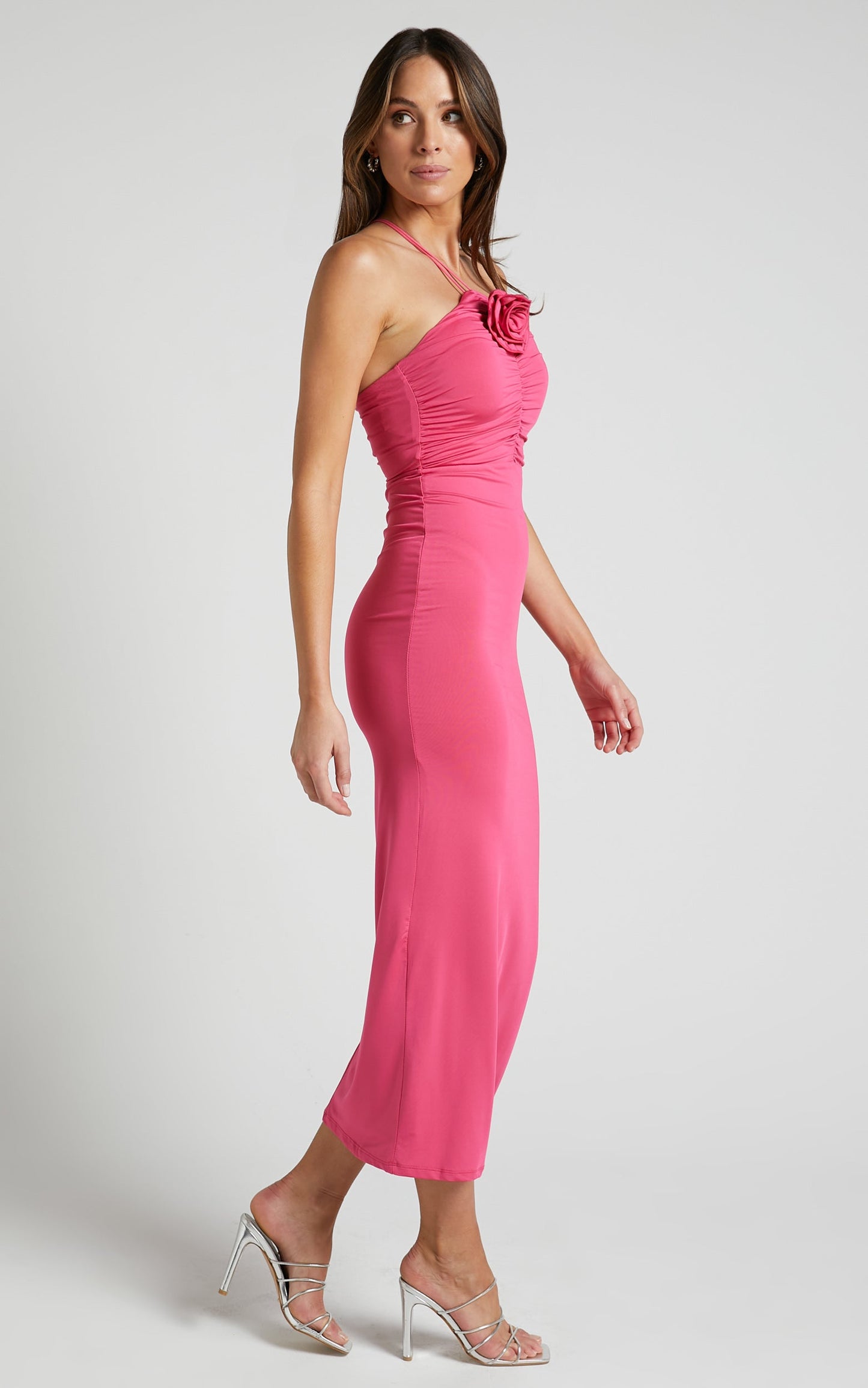 Teagan Midi Dress - Bodycon Ruched Asymmetric Strap Rosette Dress in Mulberry