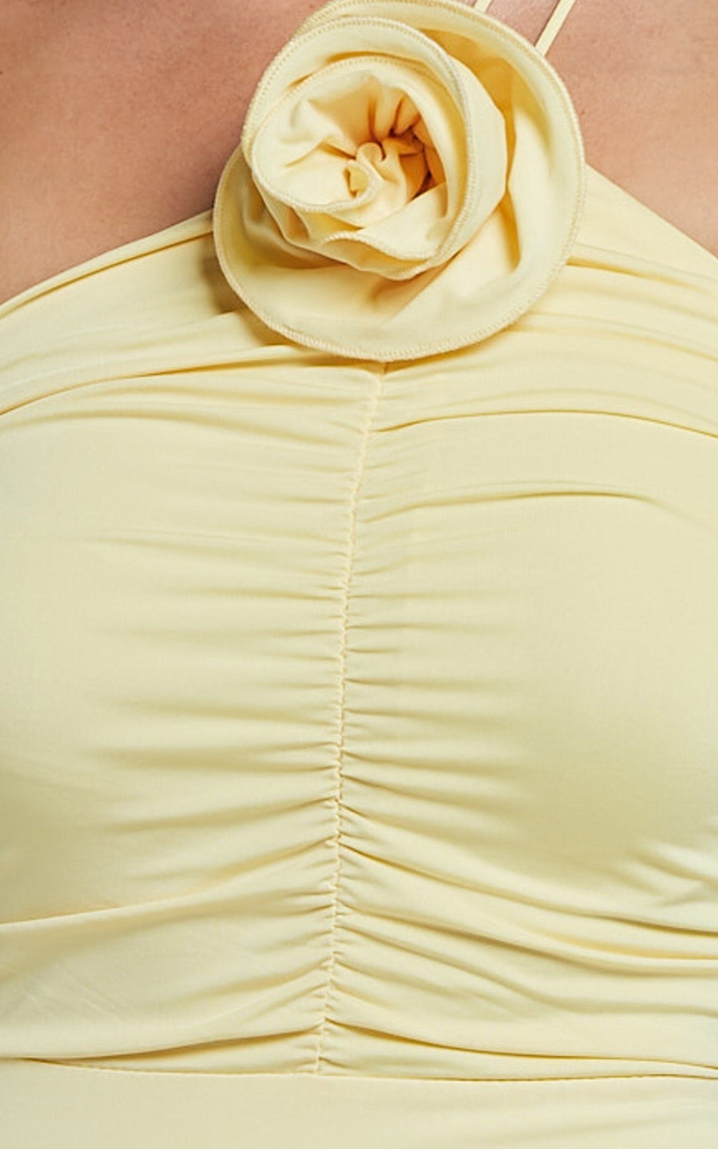 Teagan Midi Dress - Bodycon Ruched Asymmetric Strap Rosette Dress in Lemon