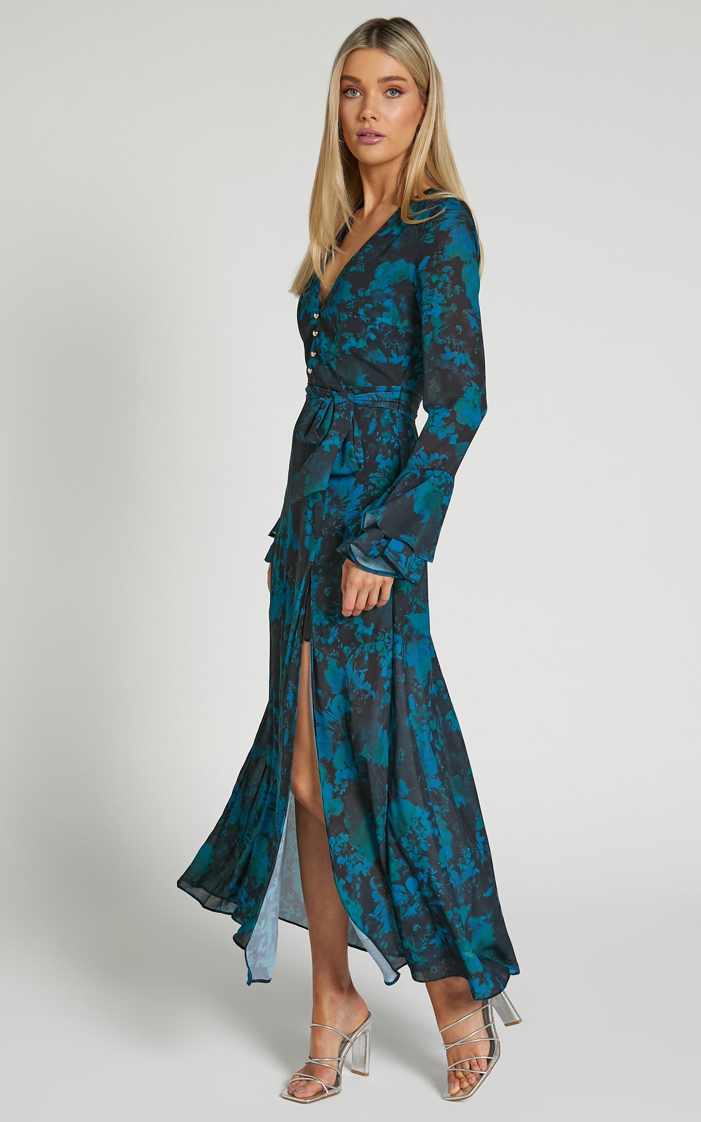 Teherra Midi Dress - Ruffle Long Sleeve Dress in Jewel Blur
