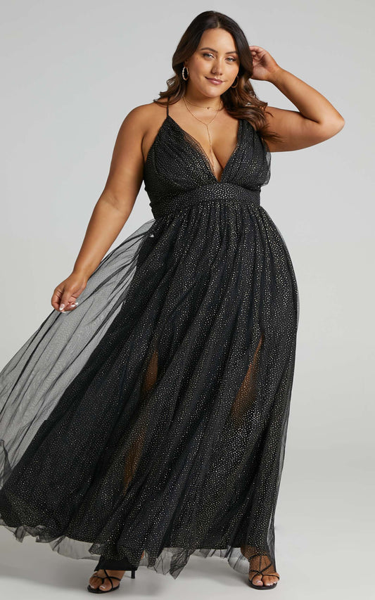 Tell Me Lies Midi Dress - Plunge Cross Back Dress in Black Spot Tulle