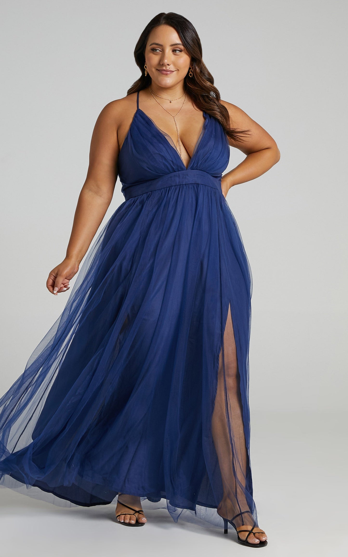 Tell Me Lies Midi Dress - Plunge Cross Back Dress in Navy Tulle