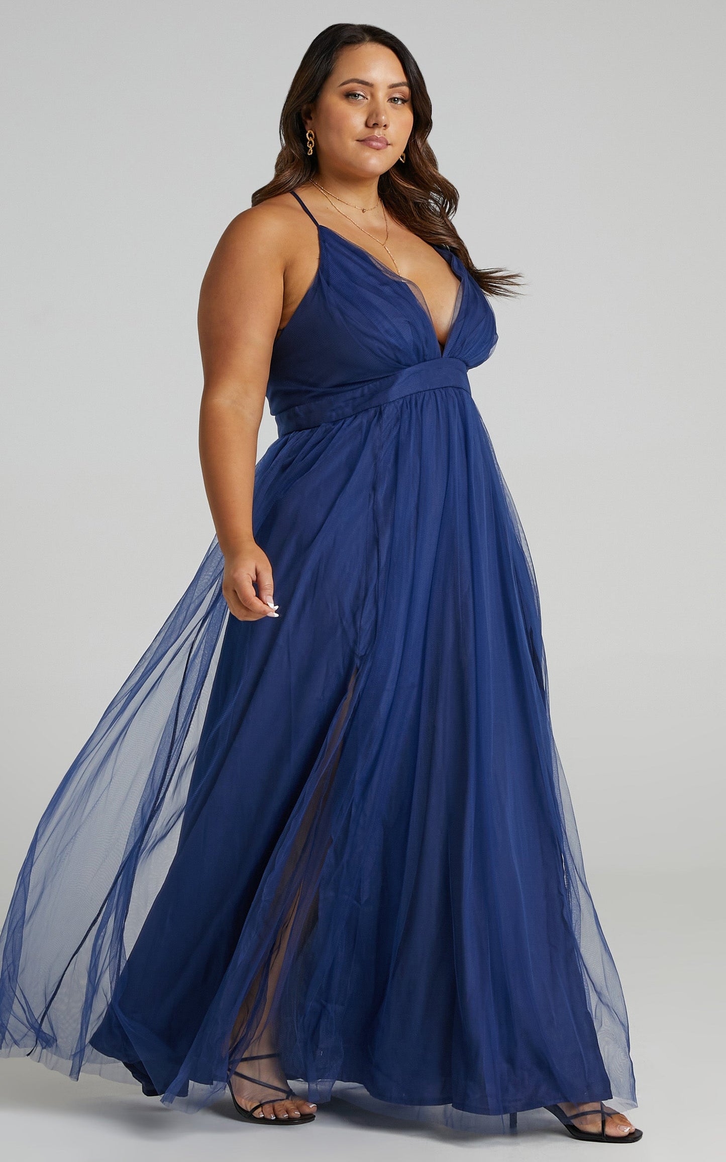 Tell Me Lies Midi Dress - Plunge Cross Back Dress in Navy Tulle