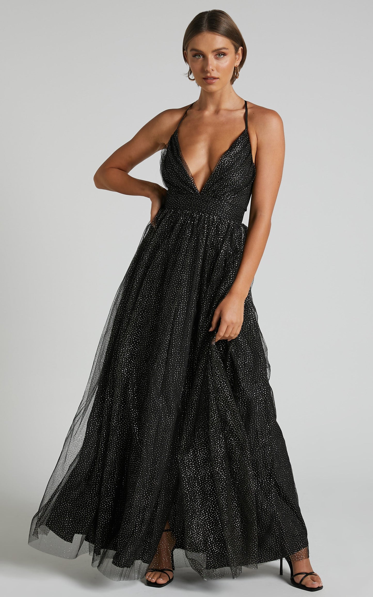 Tell Me Lies Midi Dress - Plunge Cross Back Dress in Black Spot Tulle