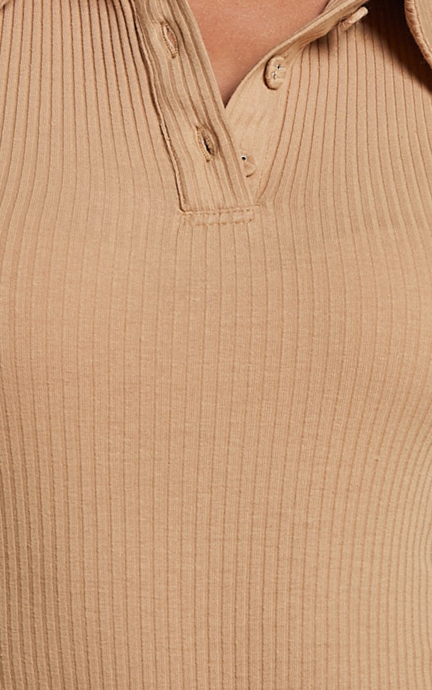 Teresa Bodysuit - Collared Short Sleeve Button Front Ribbed Bodysuit in Tan