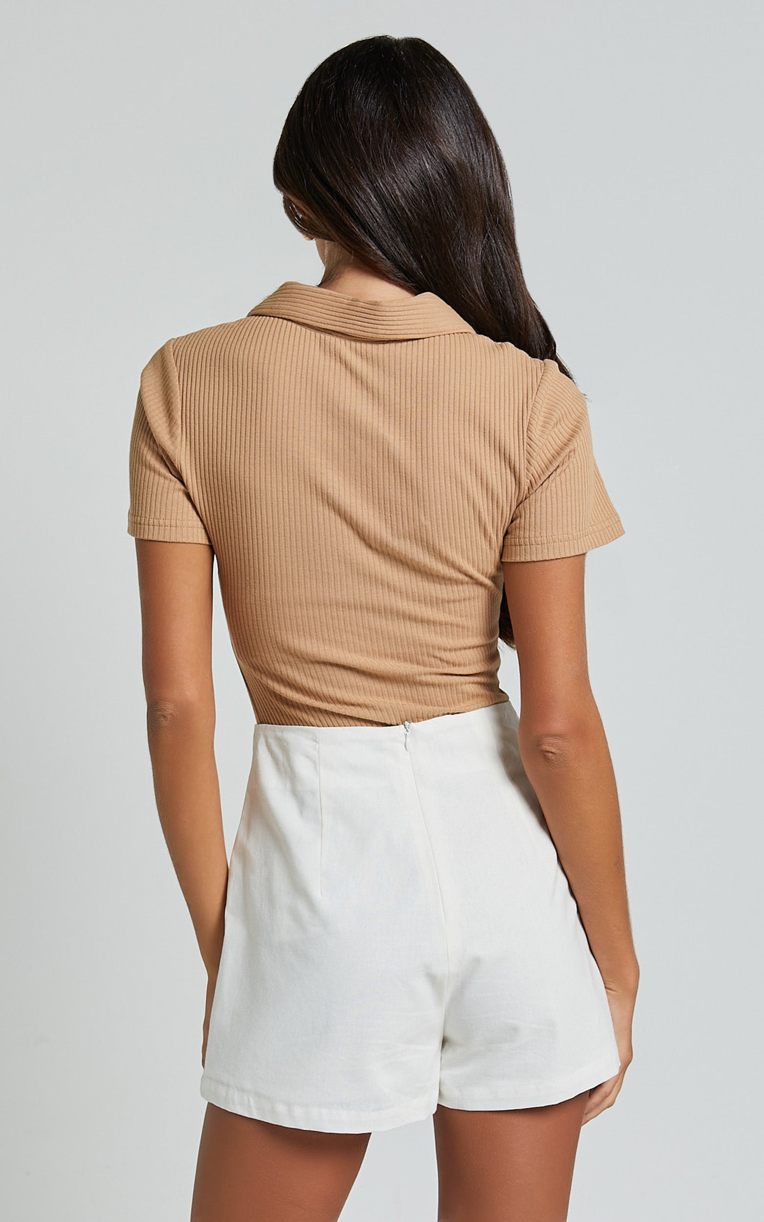 Teresa Bodysuit - Collared Short Sleeve Button Front Ribbed Bodysuit in Tan