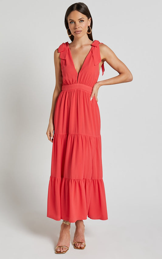 Teri Midi Dress - Tie Shoulder Plunge Tiered Dress in Coral