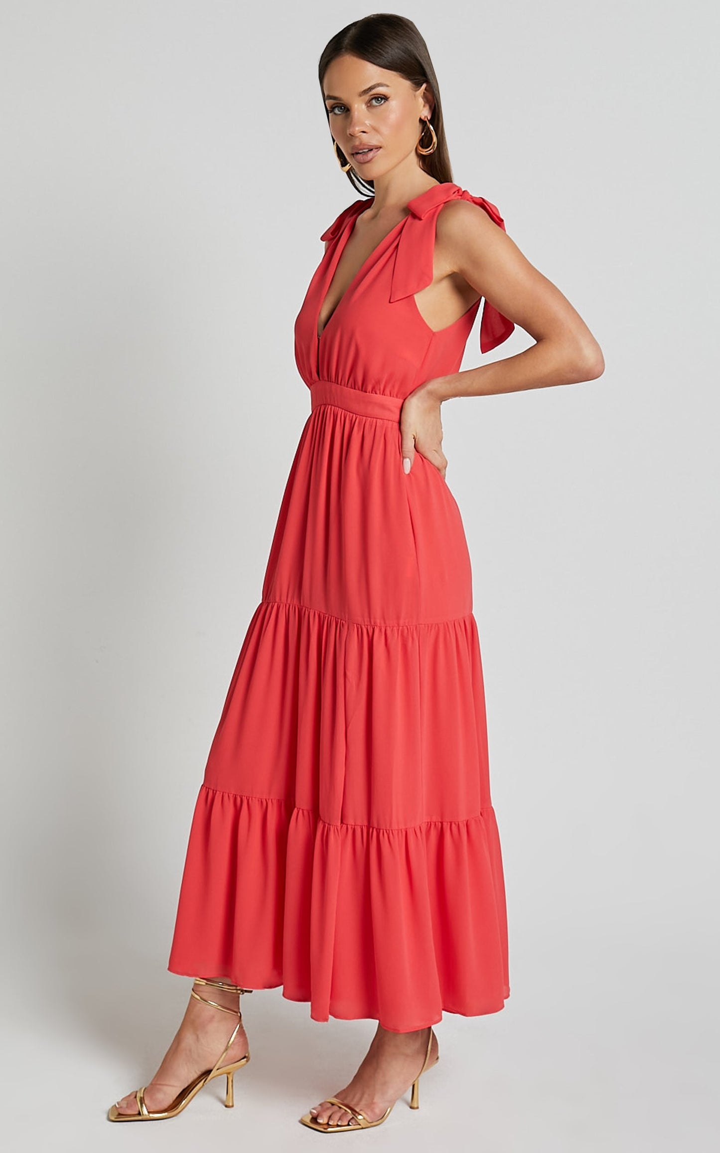 Teri Midi Dress - Tie Shoulder Plunge Tiered Dress in Coral