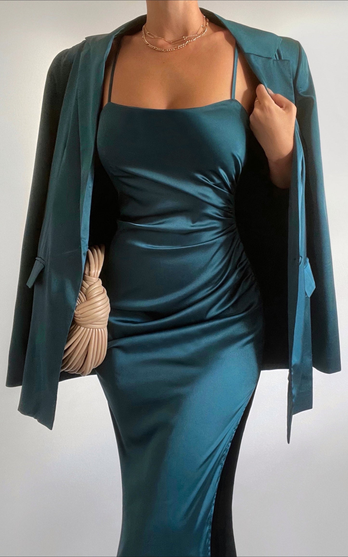 Hayien Blazer - Single Breasted Longline Satin Blazer in Teal