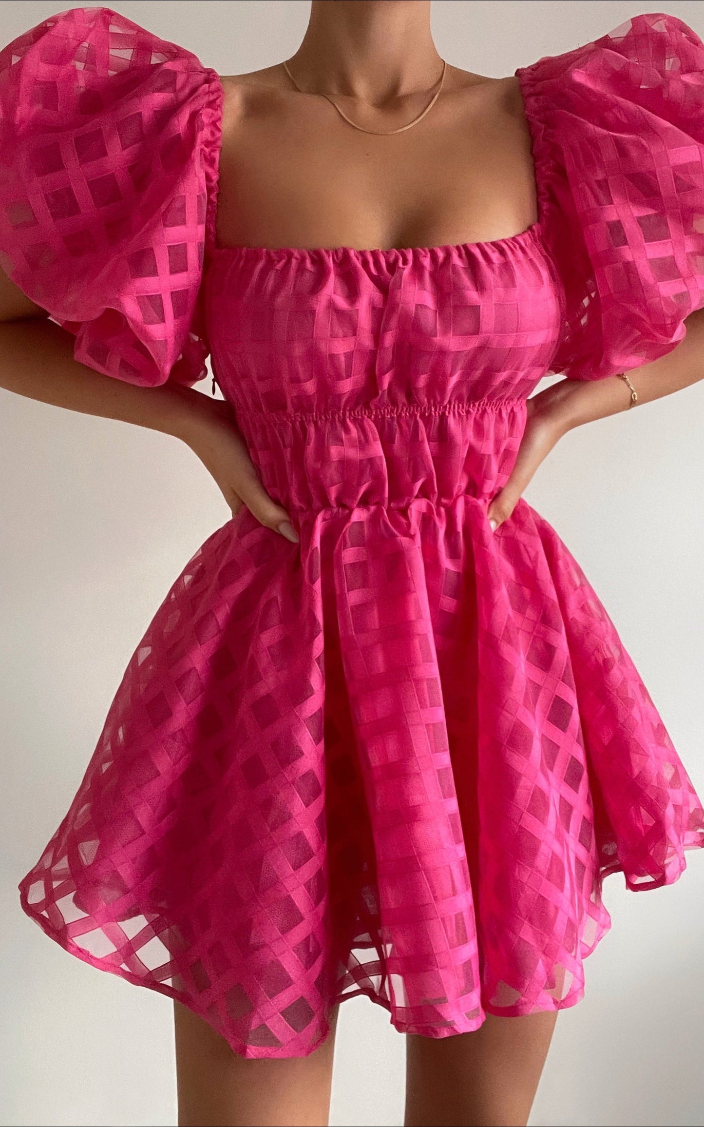 Paloma Mini Dress - Off Shoulder Puff Sleeve Textured Net Dress in Hot Pink