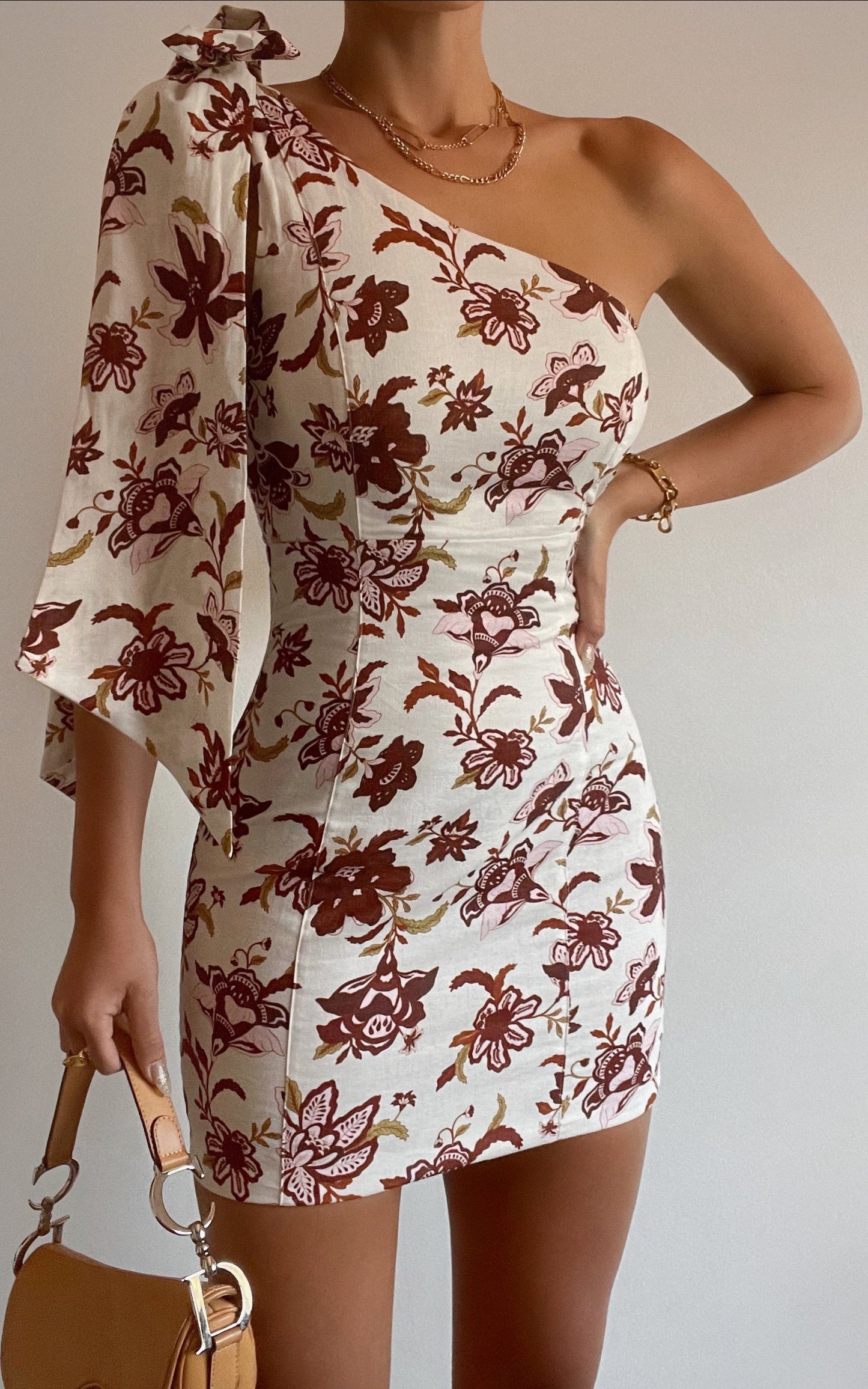 Amalie The Label - Janae Linen Blend Tie One Shoulder Back Cut Out Mini Dress in Luca Print