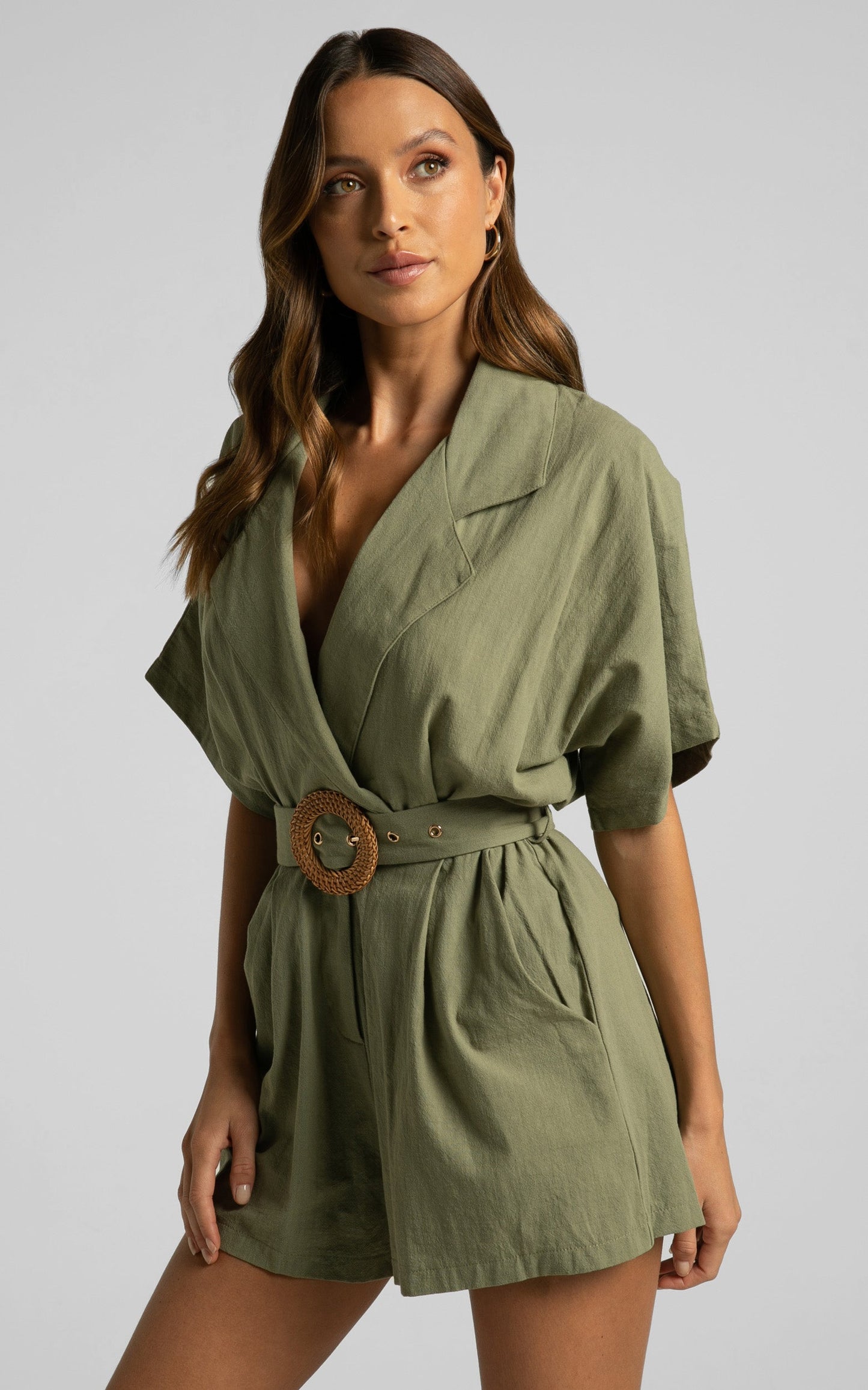 Thaisa Playsuit - Short Sleeve Collared Belted Playsuit in Khaki