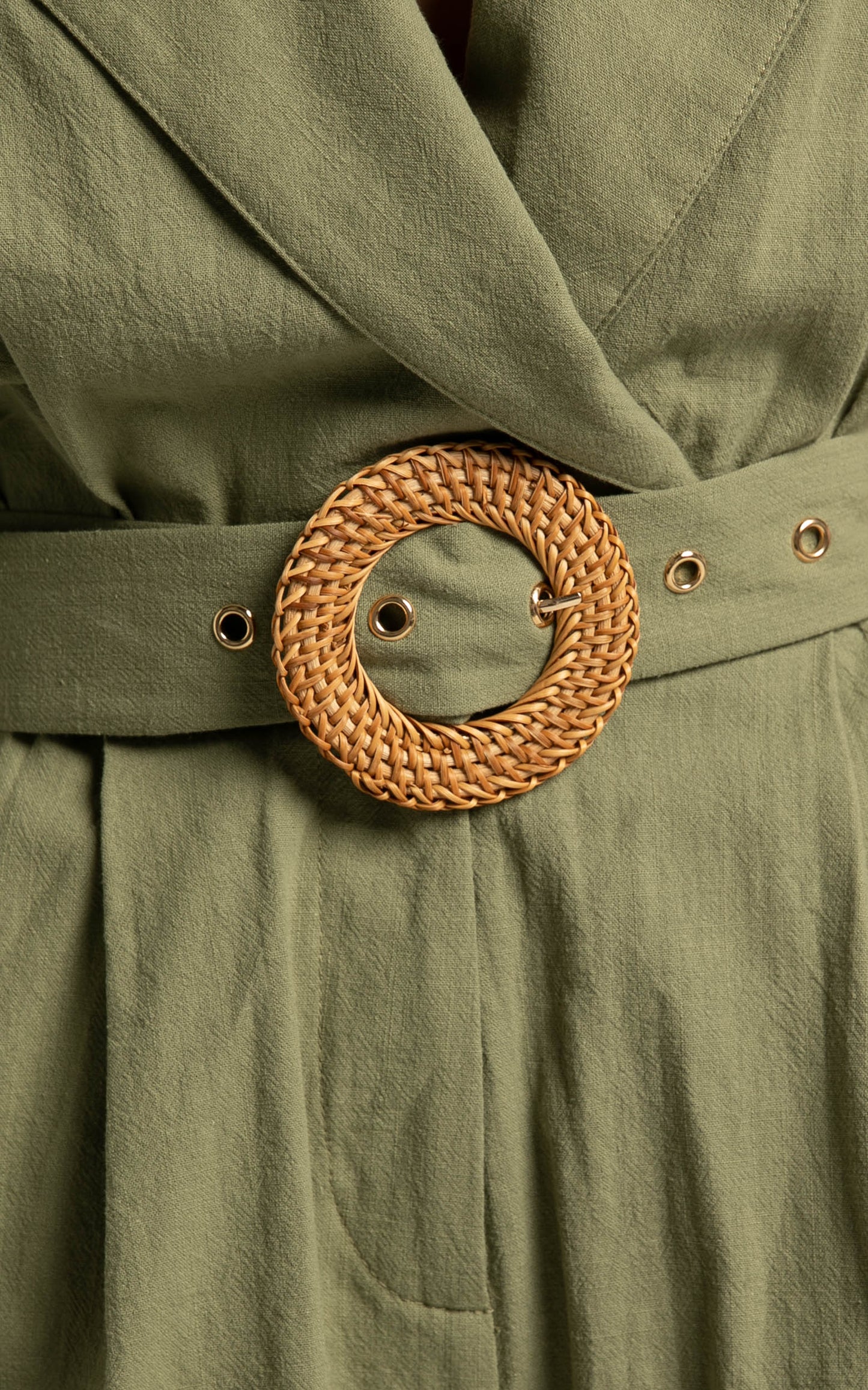 Thaisa Playsuit - Short Sleeve Collared Belted Playsuit in Khaki
