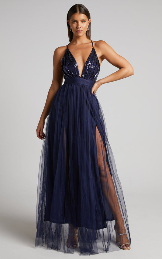 The Last Kiss Maxi Dress - Side Split Cross Back Tulle Dress in Navy
