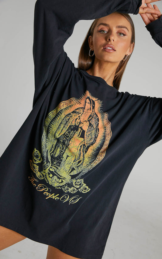 The People Vs - Blessed Long Sleeve Tee Dress in Ultra Black
