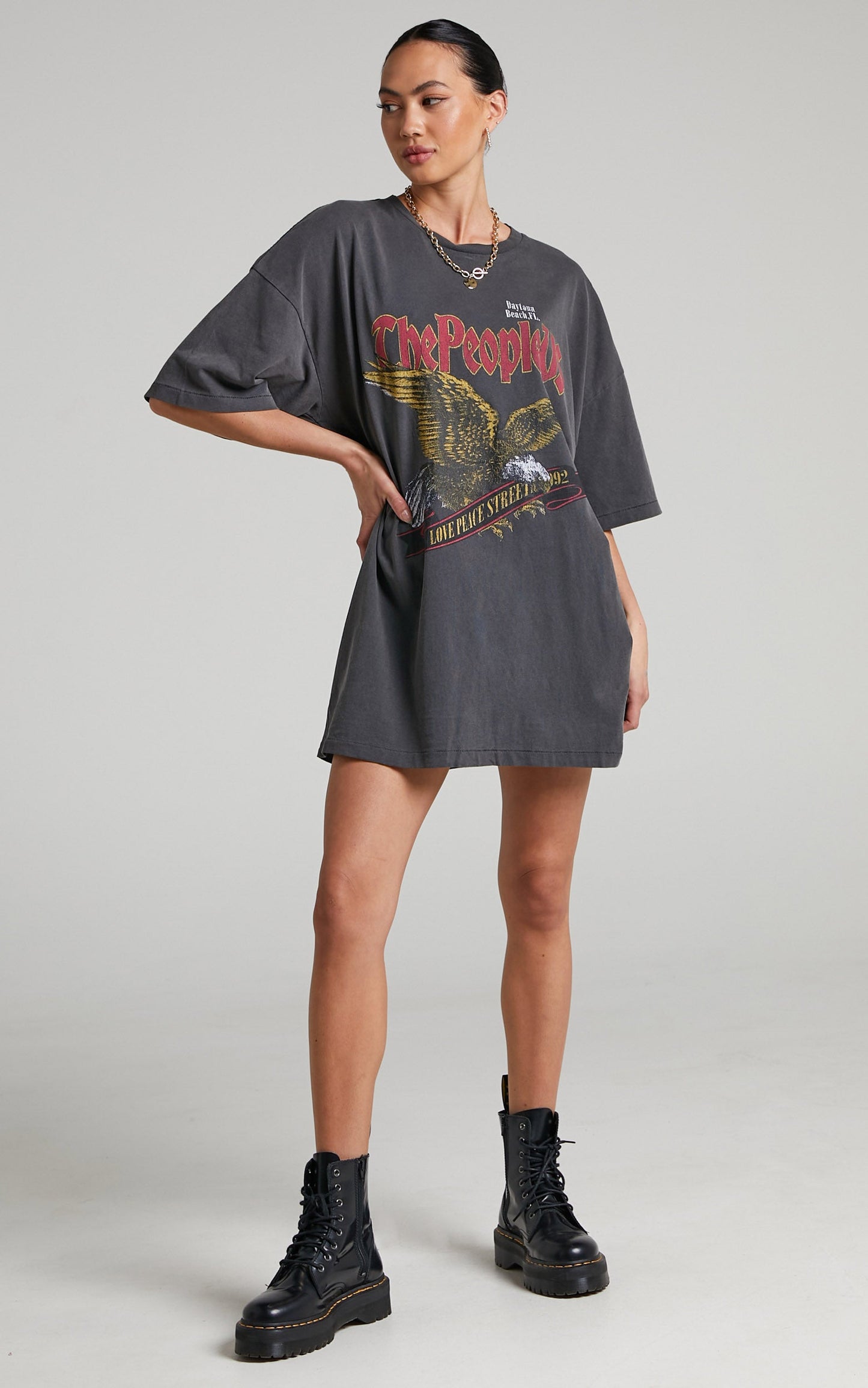 The People Vs - Eagle Prey Short Sleeve Tee Dress in Vintage Black