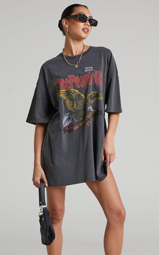 The People Vs - Eagle Prey Short Sleeve Tee Dress in Vintage Black