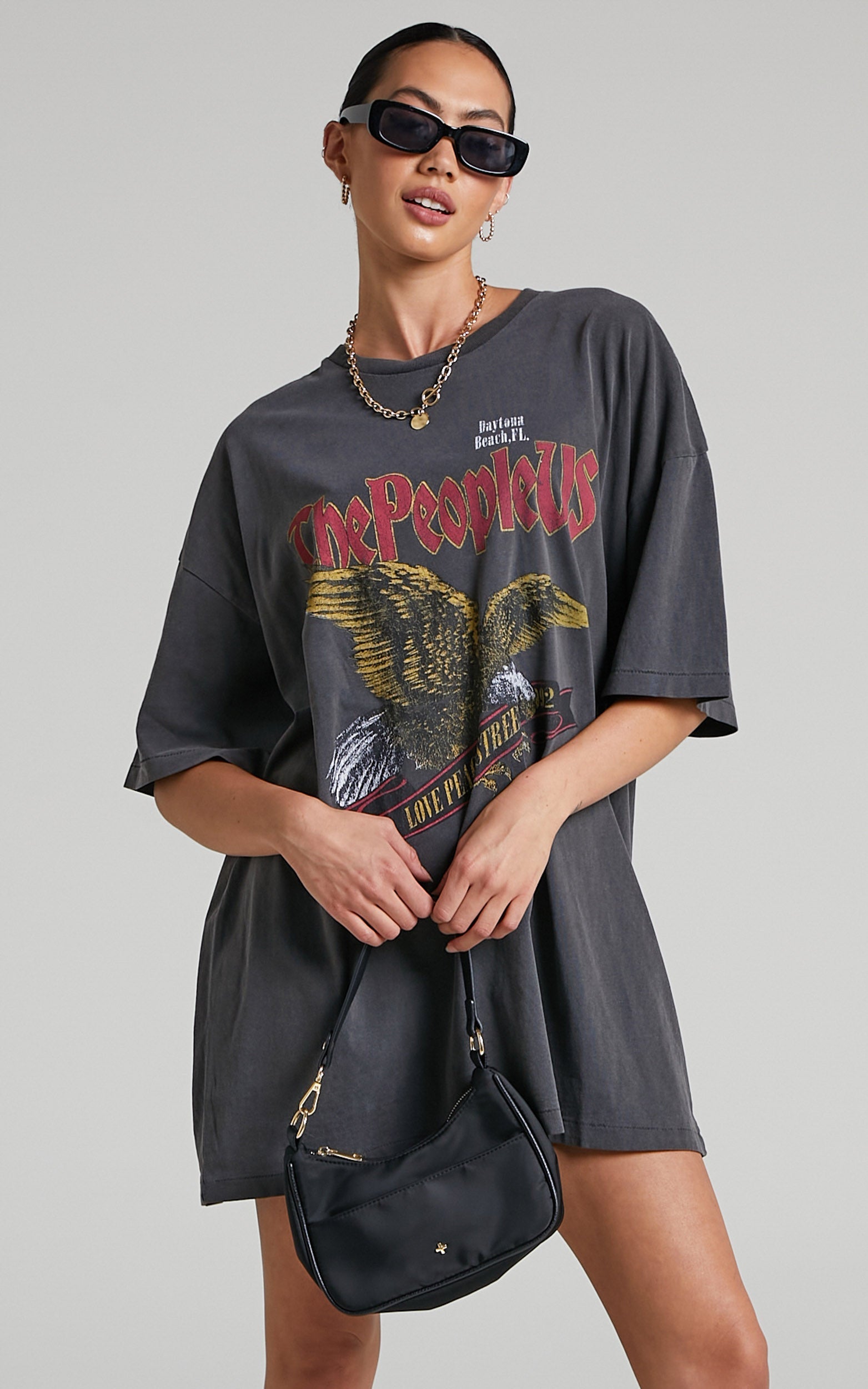 The People Vs - Eagle Prey Short Sleeve Tee Dress in Vintage Black