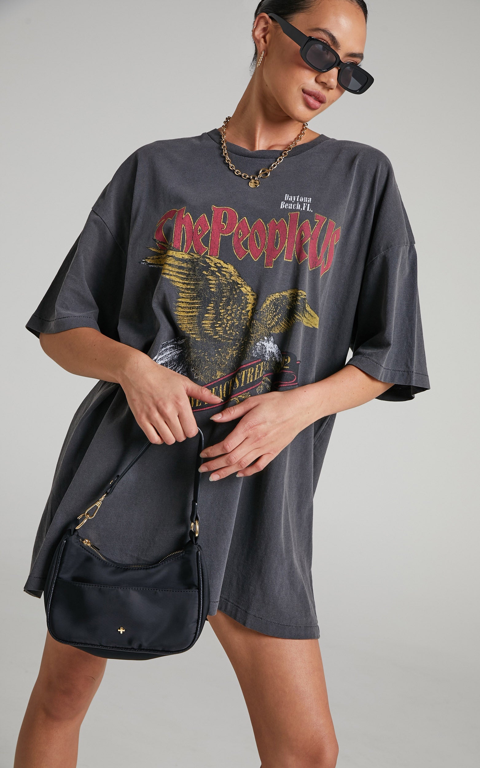 The People Vs - Eagle Prey Short Sleeve Tee Dress in Vintage Black
