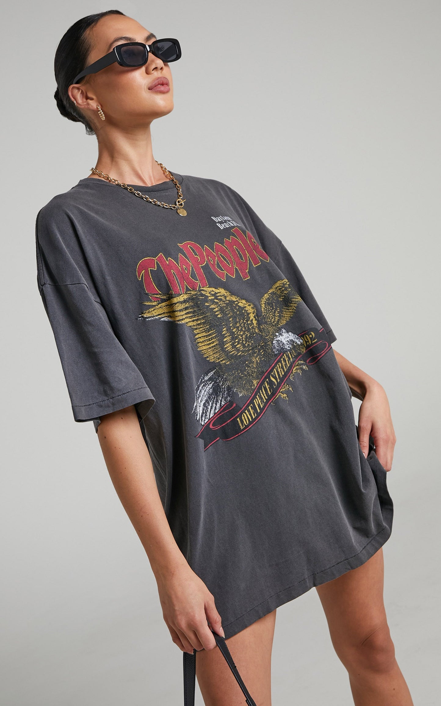 The People Vs - Eagle Prey Short Sleeve Tee Dress in Vintage Black