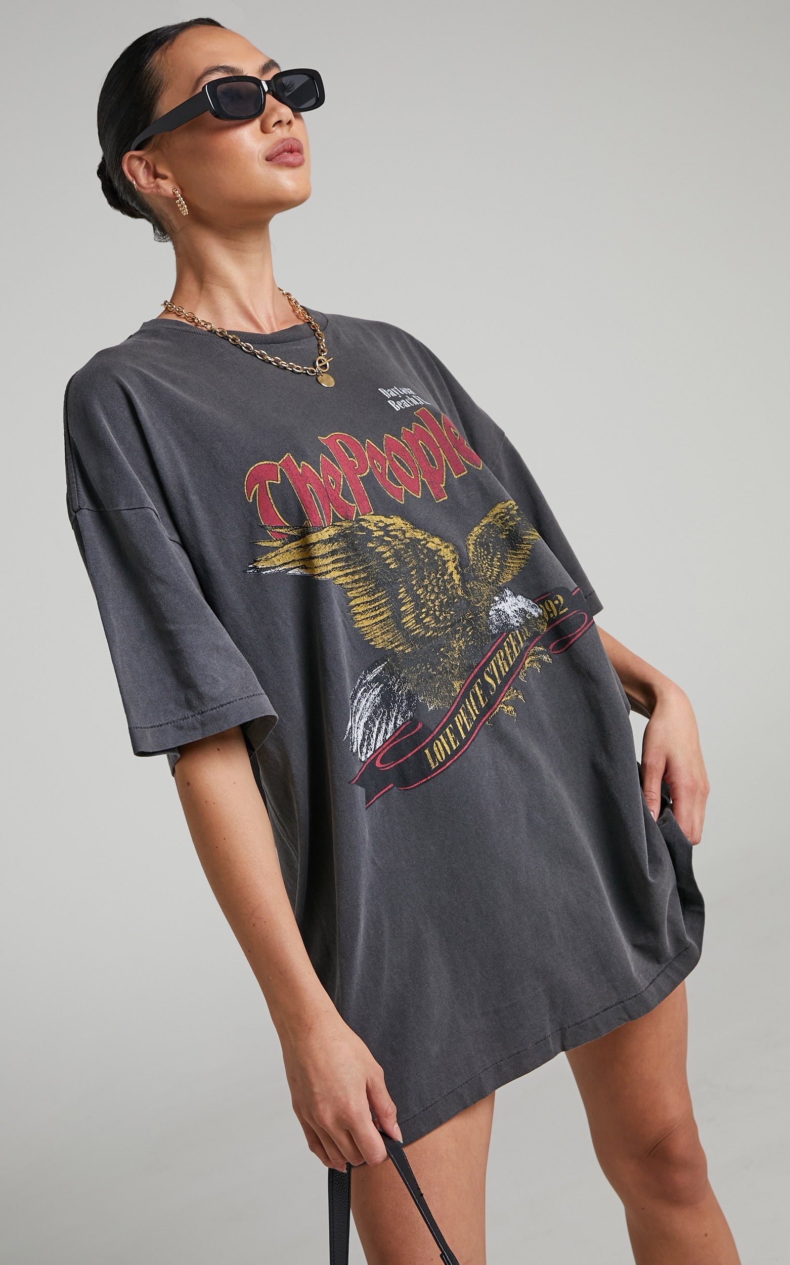 The People Vs - Eagle Prey Short Sleeve Tee Dress in Vintage Black