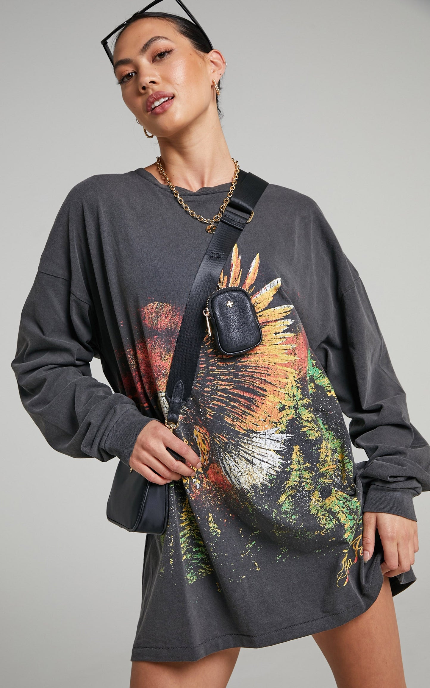 The People Vs - Night Glider Long Sleeve Tee Dress in Vintage Black