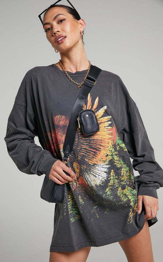 The People Vs - Night Glider Long Sleeve Tee Dress in Vintage Black