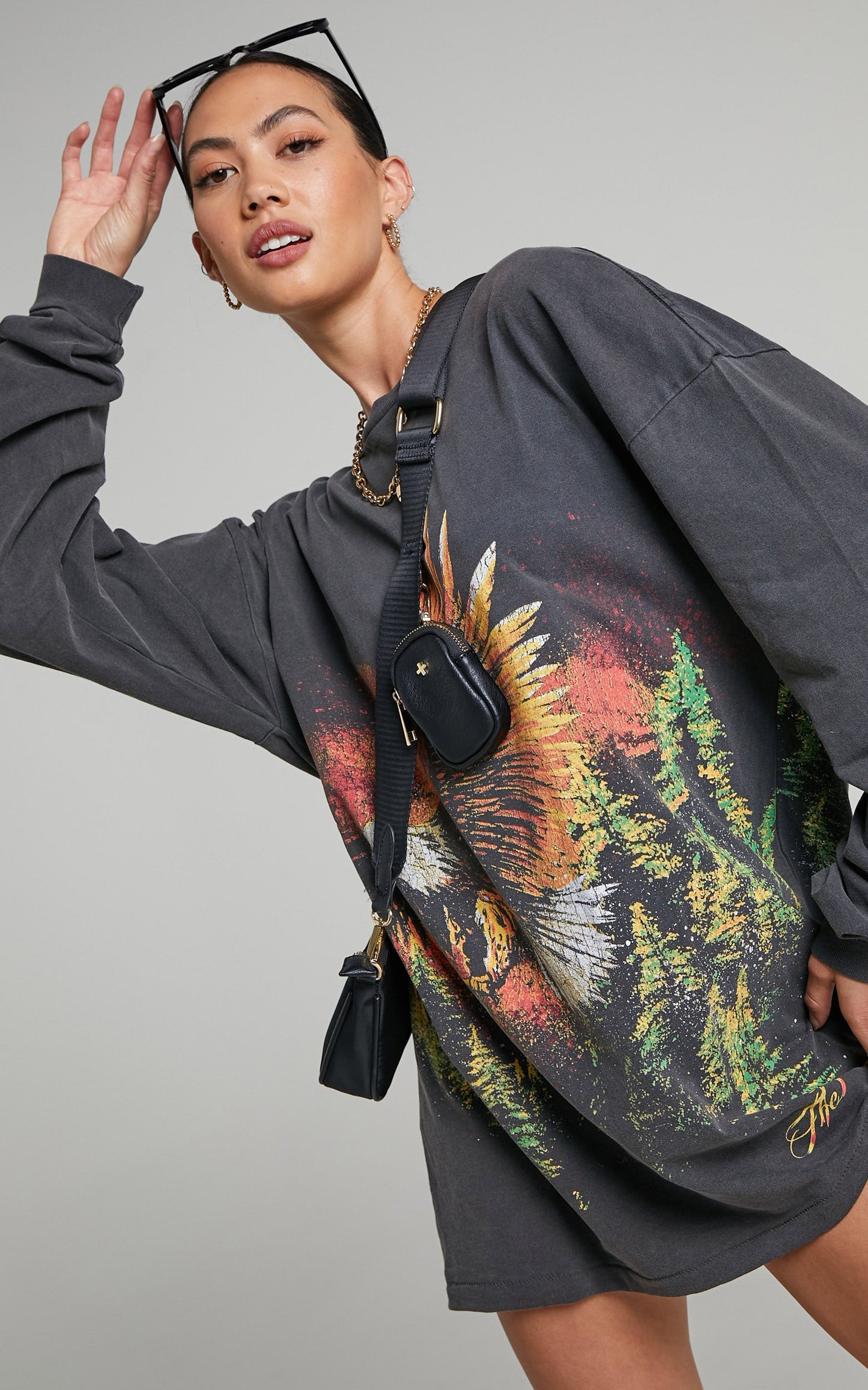 The People Vs - Night Glider Long Sleeve Tee Dress in Vintage Black