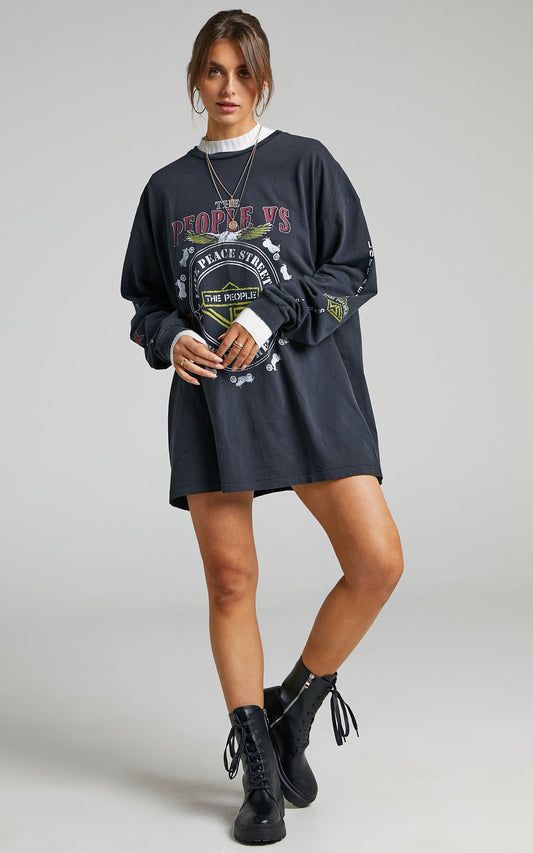 The People Vs - Rock N Rolla Long Sleeve Tee Dress in Ultra Black
