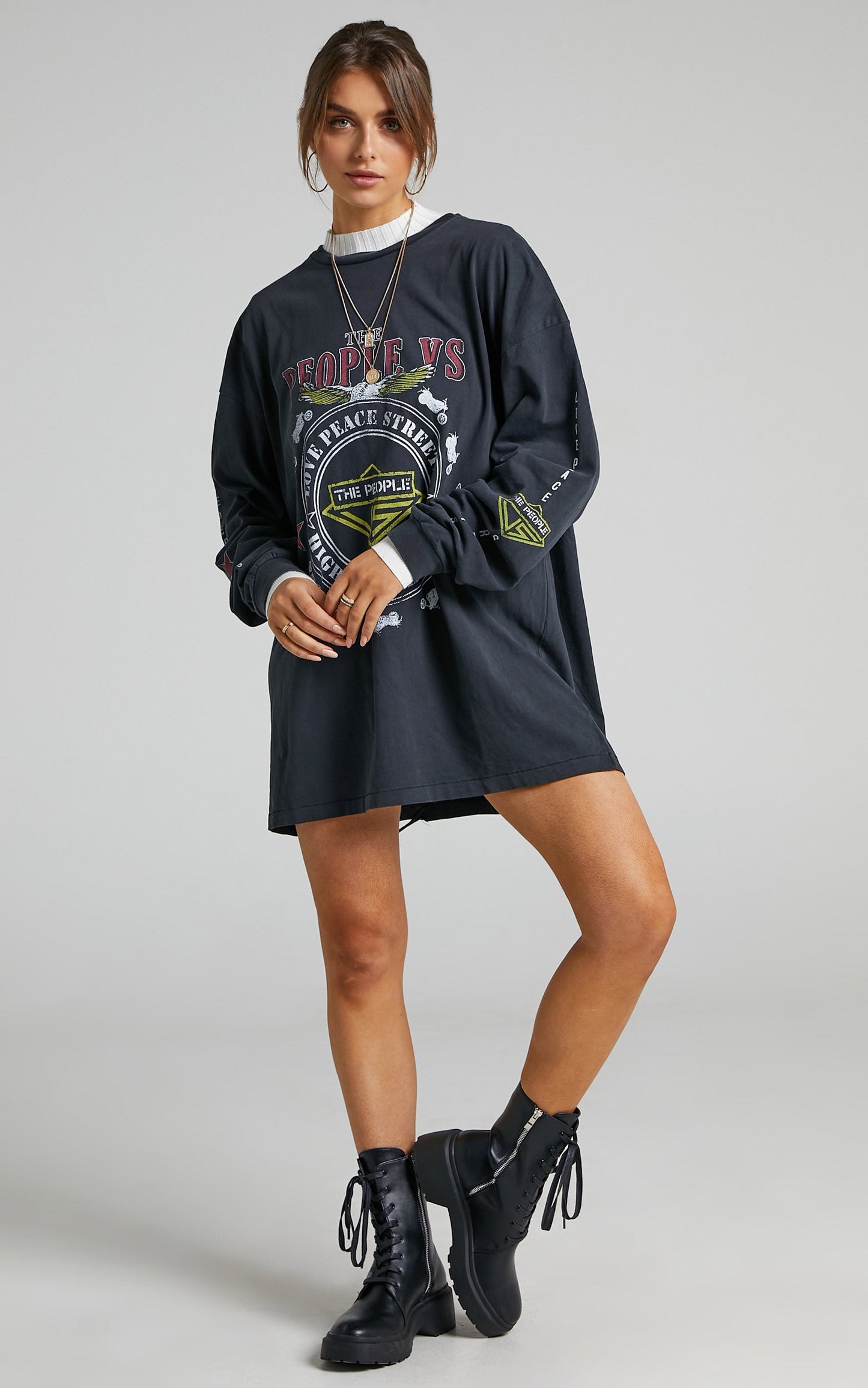 The People Vs - Rock N Rolla Long Sleeve Tee Dress in Ultra Black