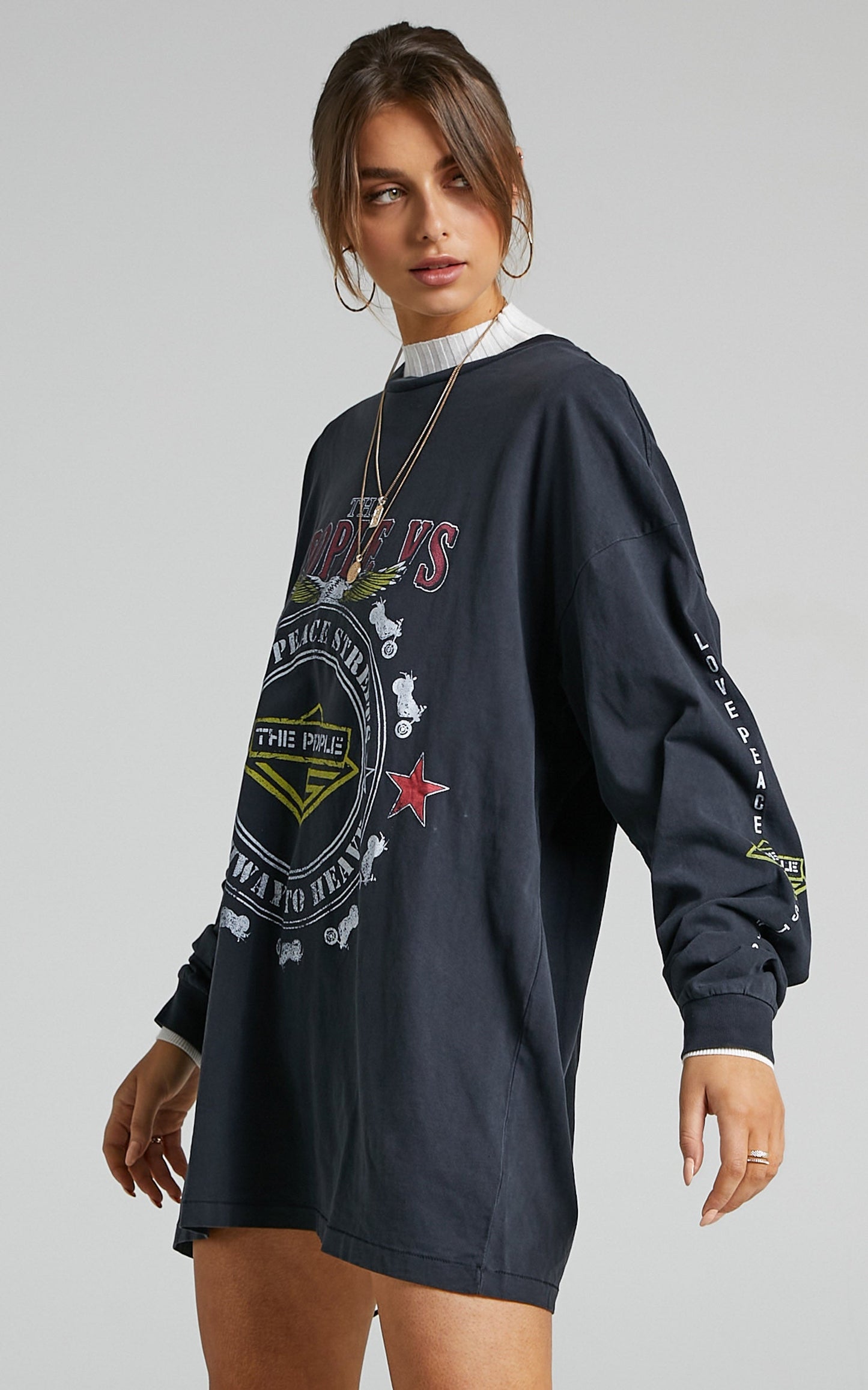 The People Vs - Rock N Rolla Long Sleeve Tee Dress in Ultra Black