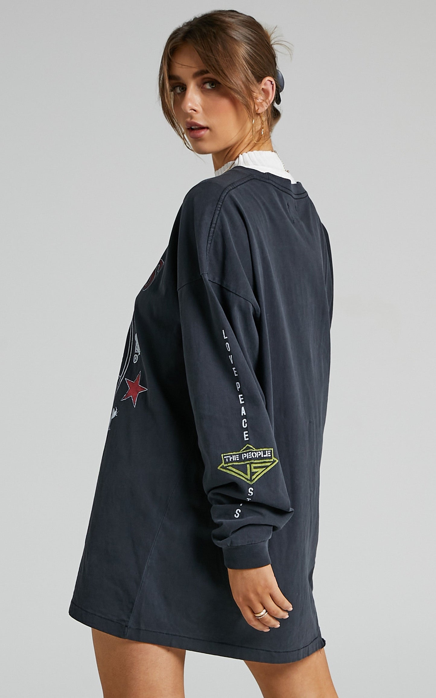 The People Vs - Rock N Rolla Long Sleeve Tee Dress in Ultra Black